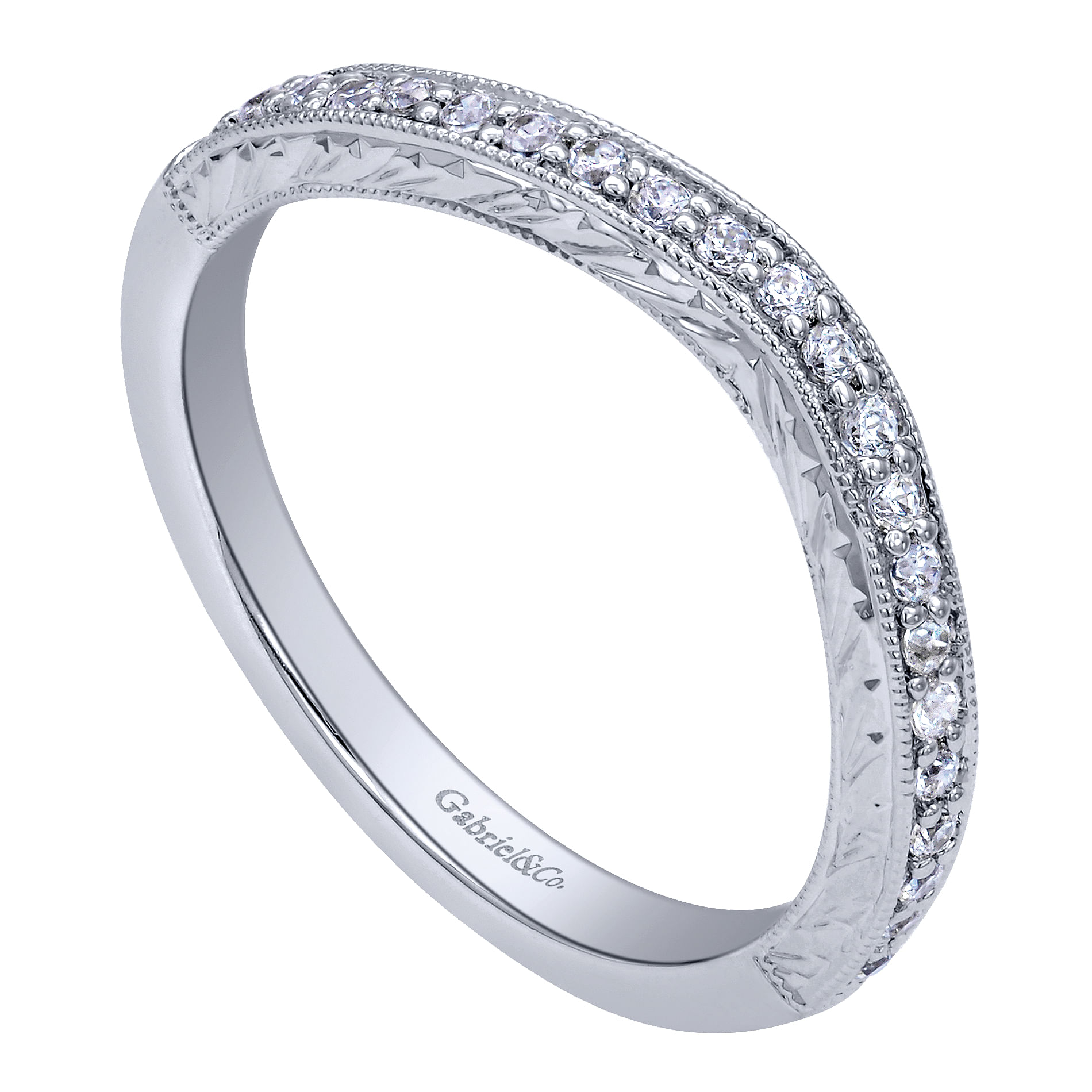 14k White Gold Diamond Curved Wedding Band angle 3 14k White Gold Diamond Curved Wedding Band angle 3