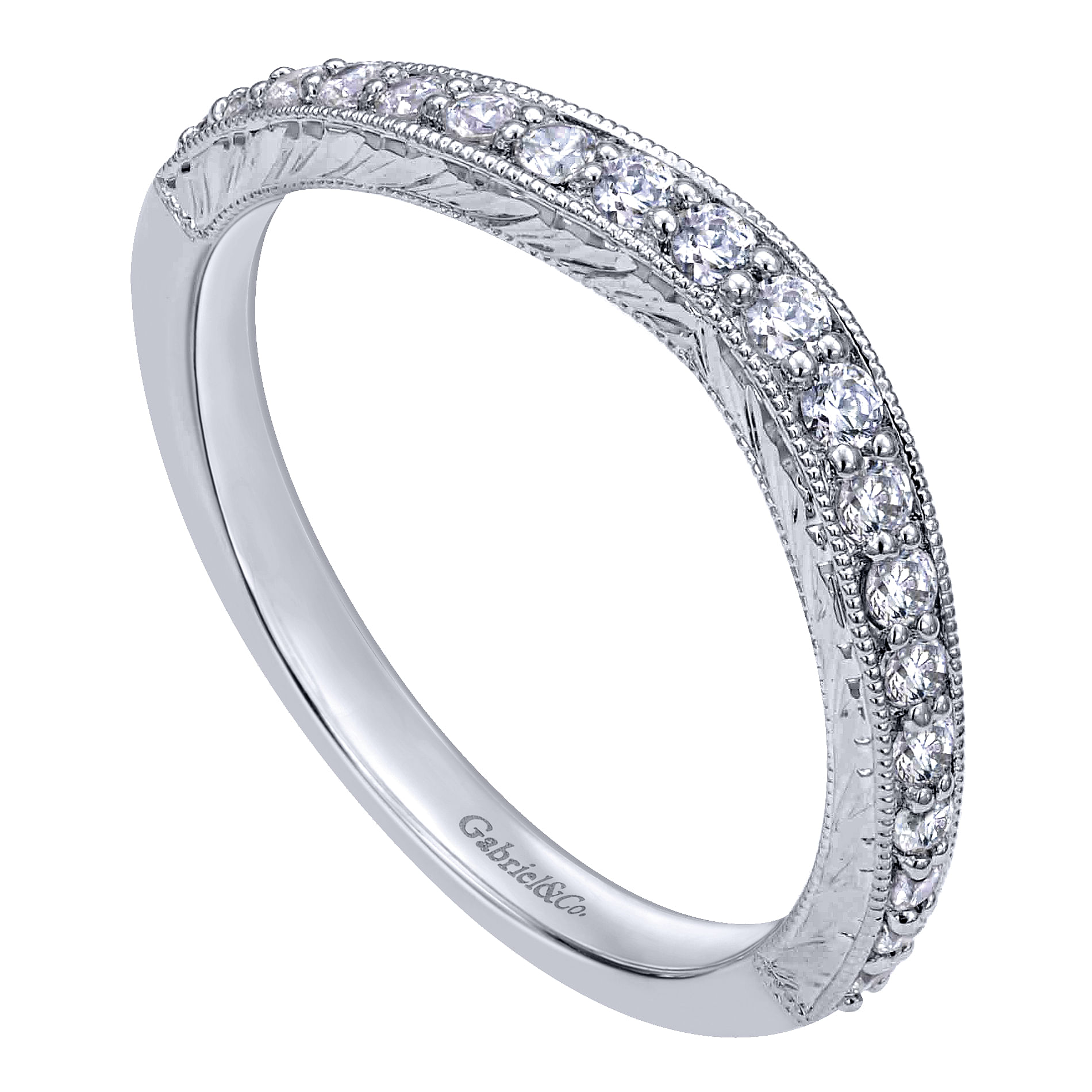 14k White Gold Diamond Curved Wedding Band angle 3 14k White Gold Diamond Curved Wedding Band angle 3