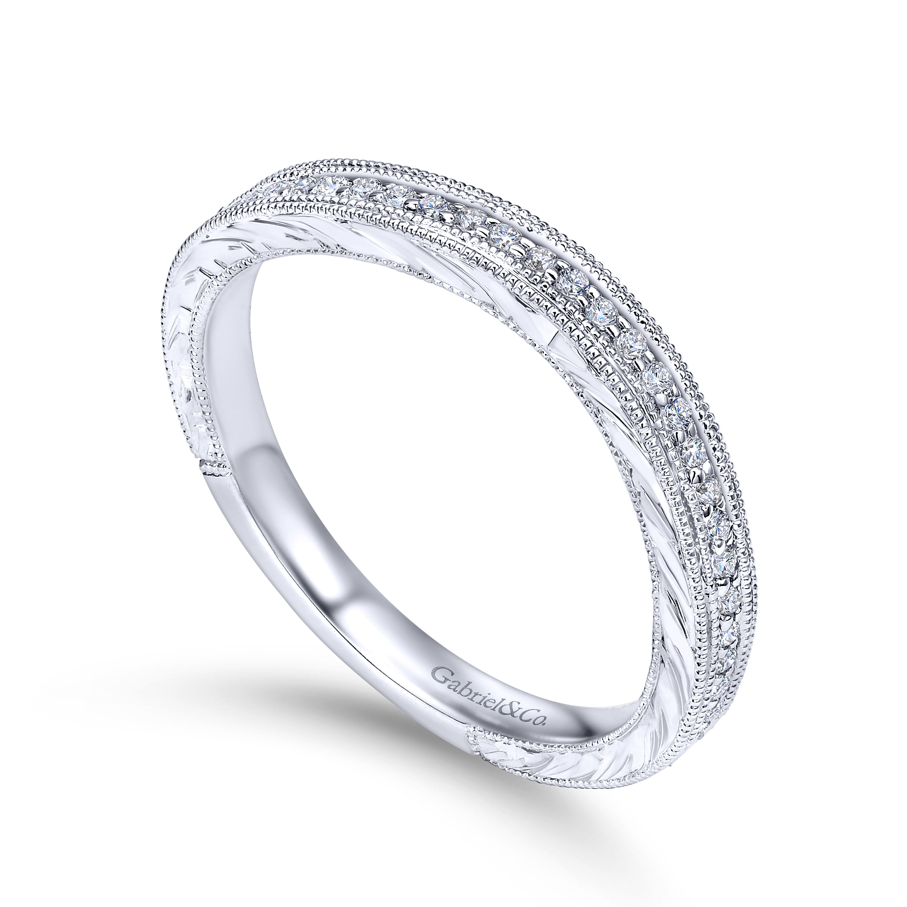 14k White Gold Diamond Curved Wedding Band angle 3 14k White Gold Diamond Curved Wedding Band angle 3