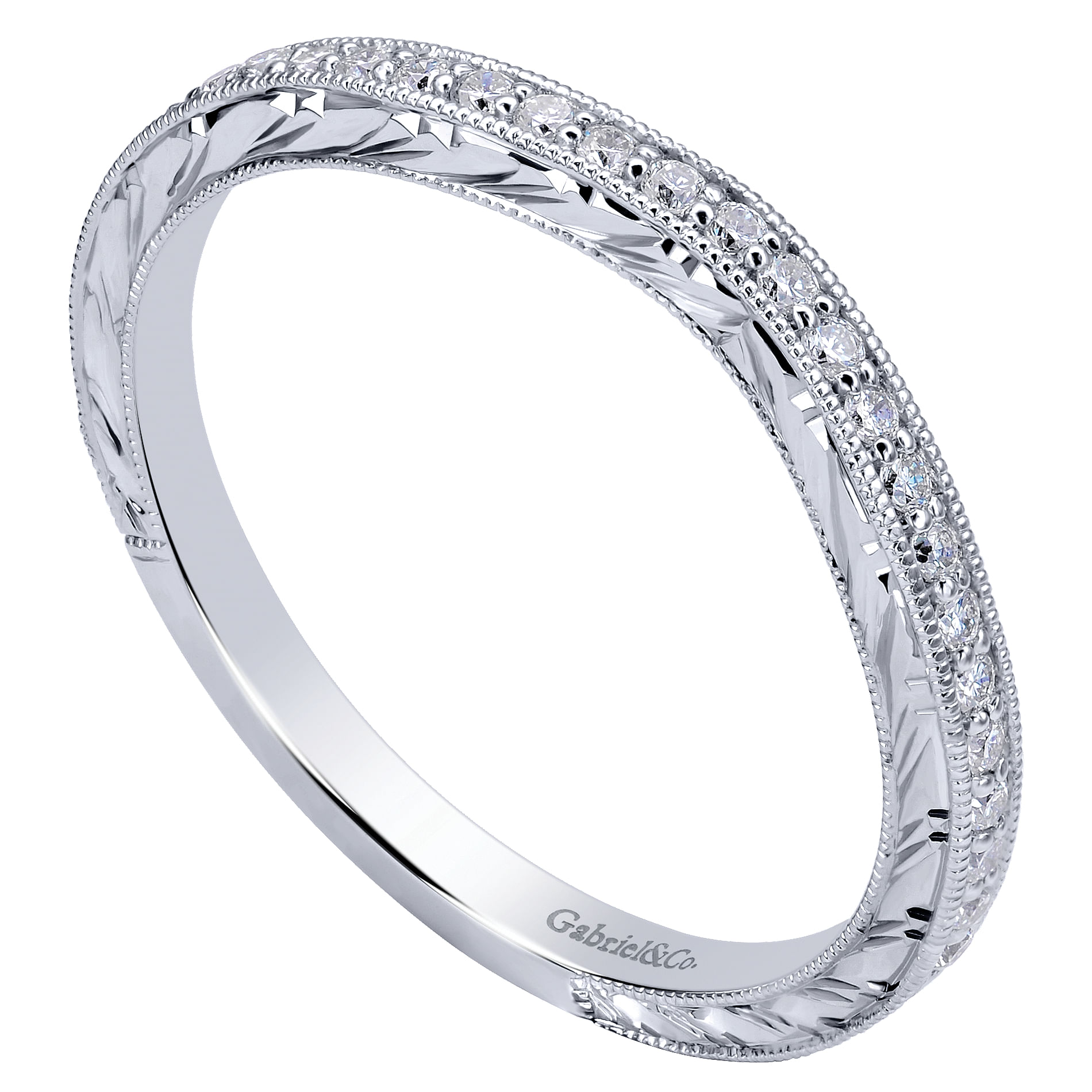 14k White Gold Diamond Curved Wedding Band angle 3 14k White Gold Diamond Curved Wedding Band angle 3