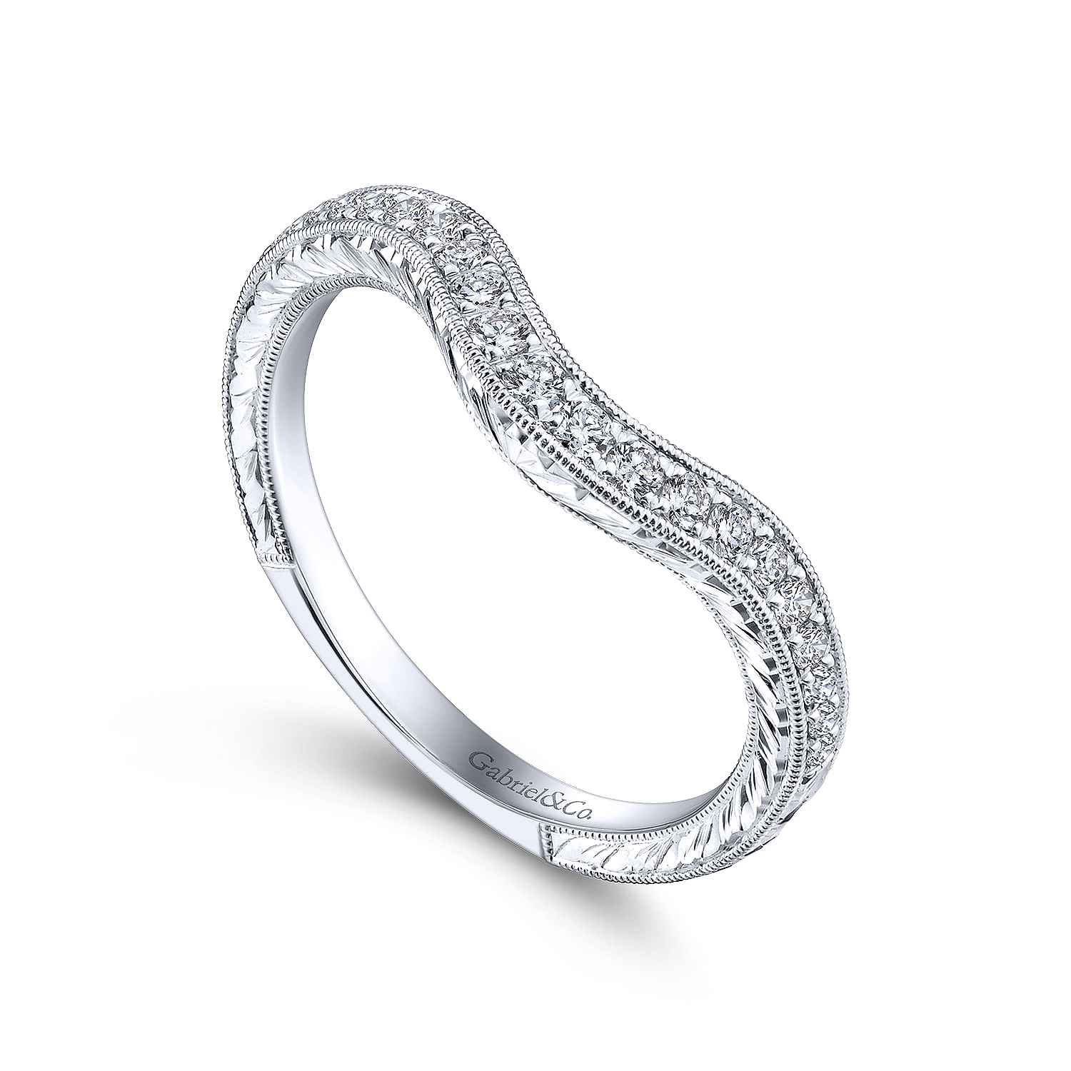 14k White Gold Diamond Curved Wedding Band angle 3 14k White Gold Diamond Curved Wedding Band angle 3
