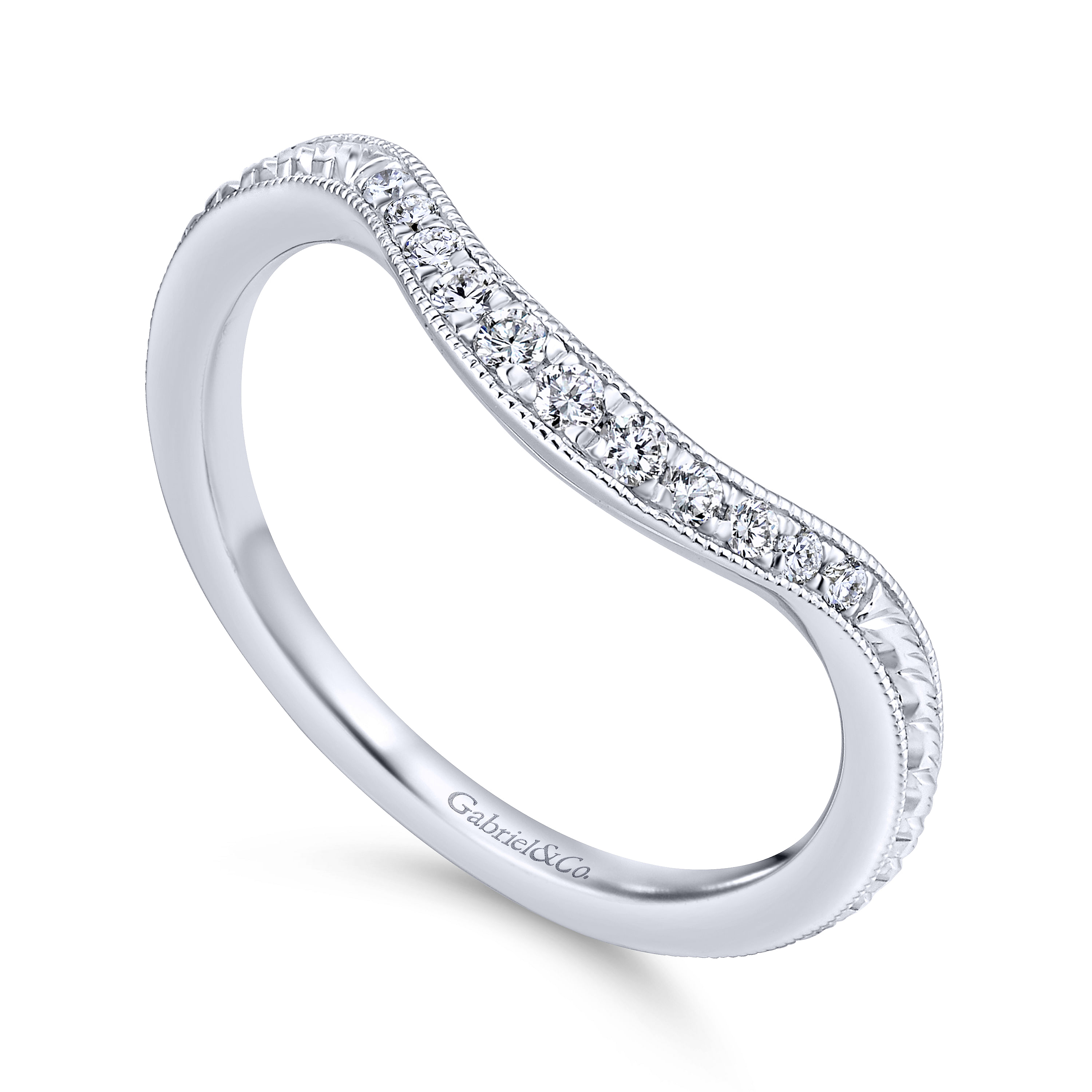 14k White Gold Diamond Curved Wedding Band angle 3 14k White Gold Diamond Curved Wedding Band angle 3