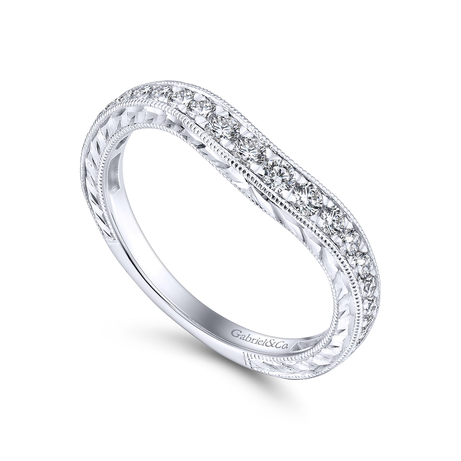 14k White Gold Diamond Curved Wedding Band angle 3 14k White Gold Diamond Curved Wedding Band angle 3