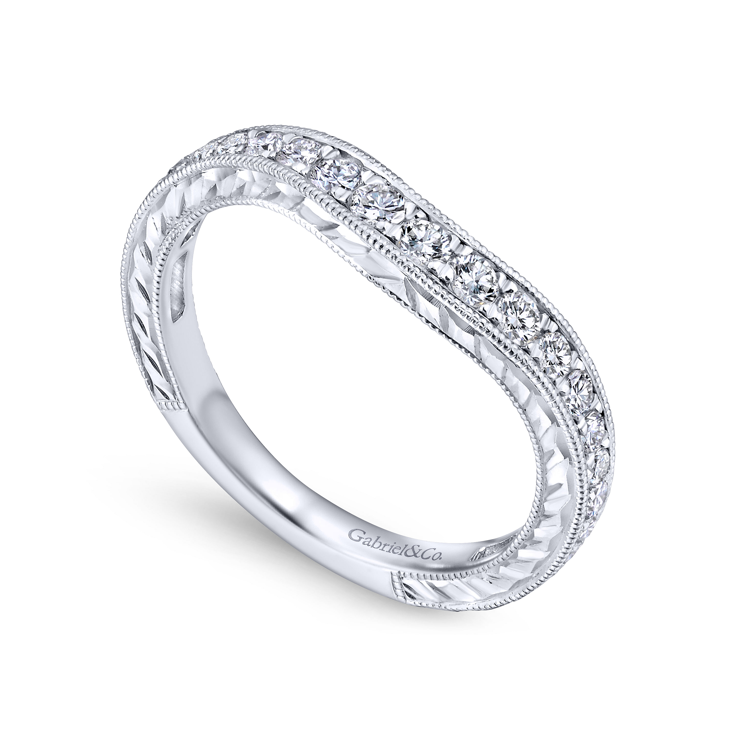 14k White Gold Diamond Curved Wedding Band angle 3 14k White Gold Diamond Curved Wedding Band angle 3