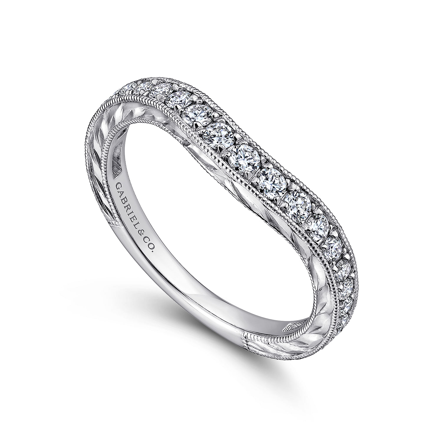 14k White Gold Diamond Curved Wedding Band angle 3 14k White Gold Diamond Curved Wedding Band angle 3