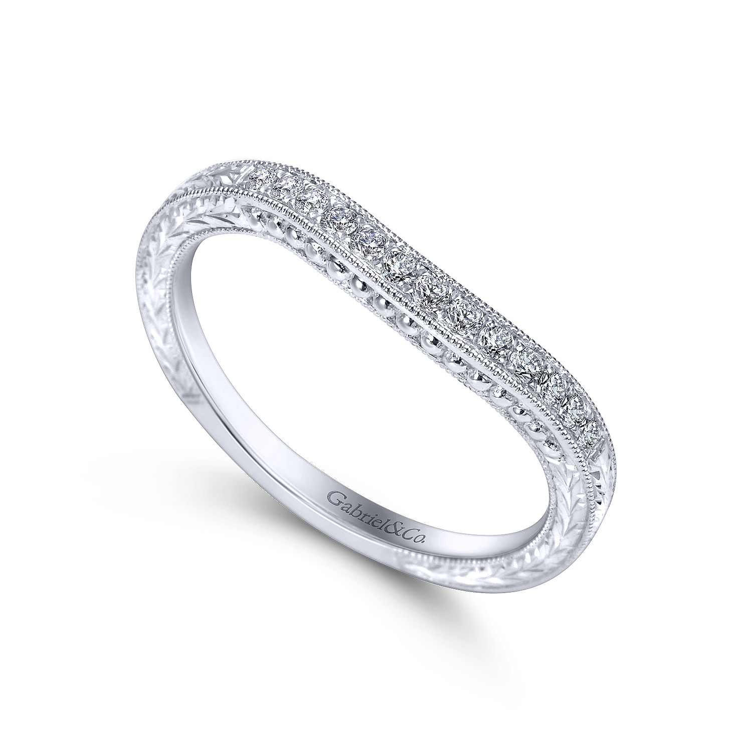 14k White Gold Diamond Curved Wedding Band angle 3 14k White Gold Diamond Curved Wedding Band angle 3