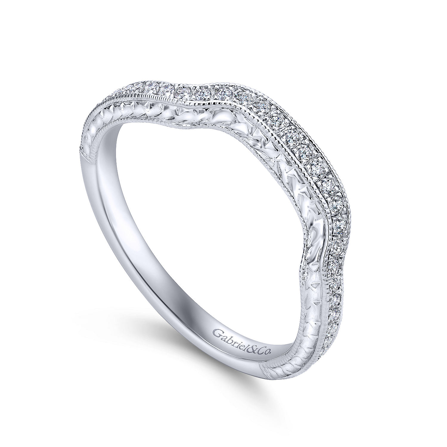 14k White Gold Diamond Curved Wedding Band angle 3 14k White Gold Diamond Curved Wedding Band angle 3