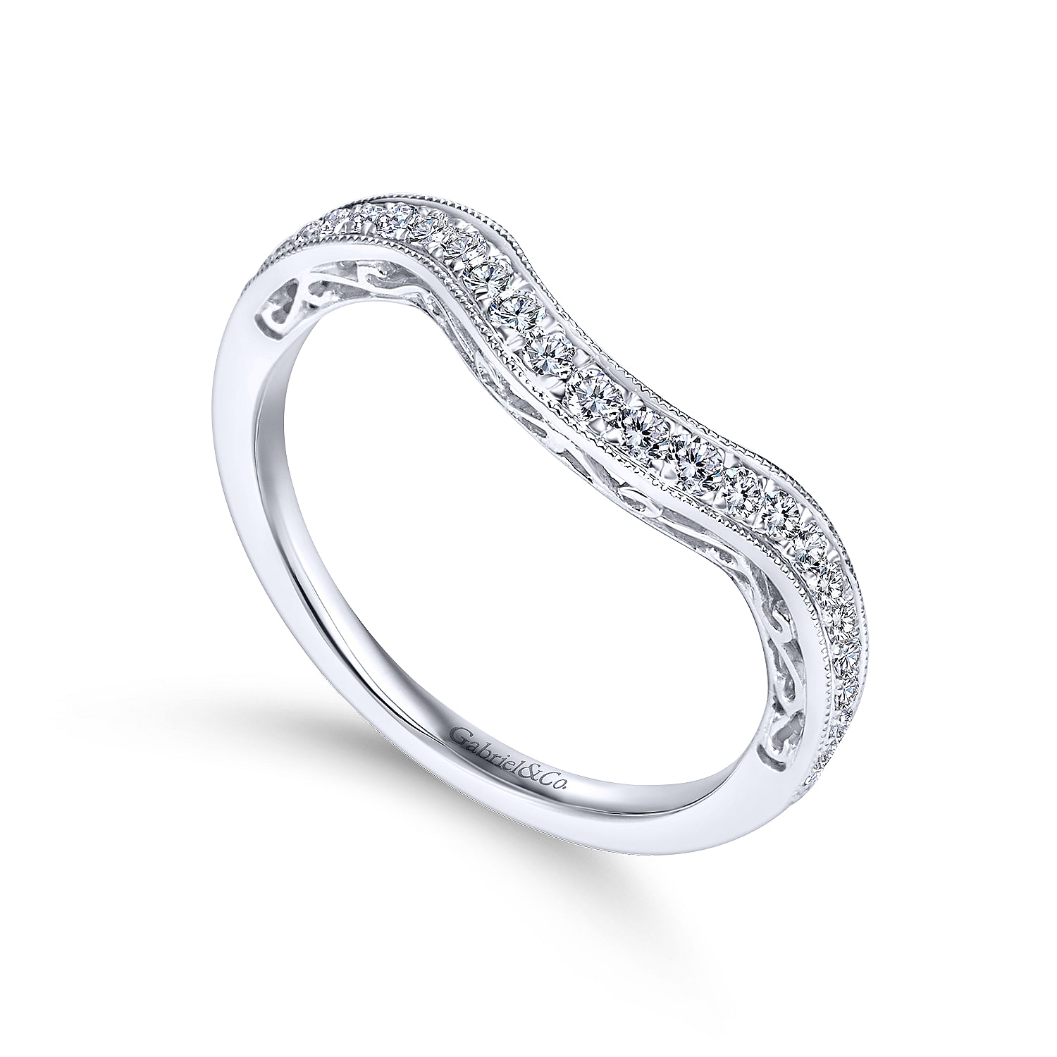 14k White Gold Diamond Curved Wedding Band angle 3 14k White Gold Diamond Curved Wedding Band angle 3