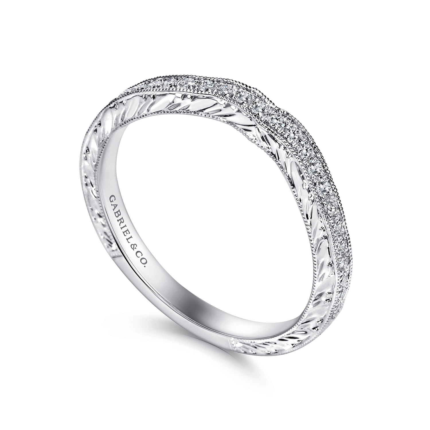 14k White Gold Diamond Curved Wedding Band angle 3 14k White Gold Diamond Curved Wedding Band angle 3