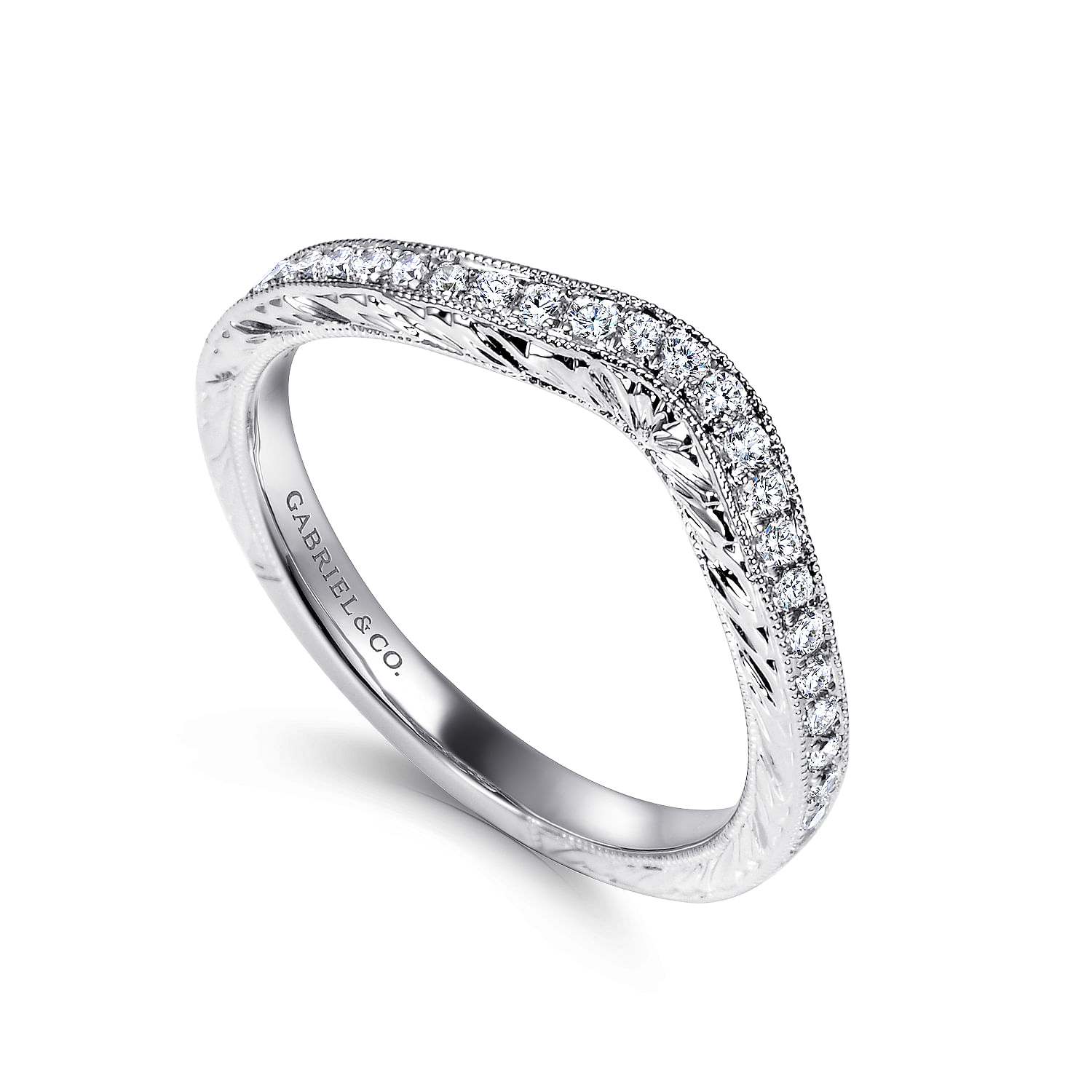 14k White Gold Diamond Curved Wedding Band angle 3 14k White Gold Diamond Curved Wedding Band angle 3
