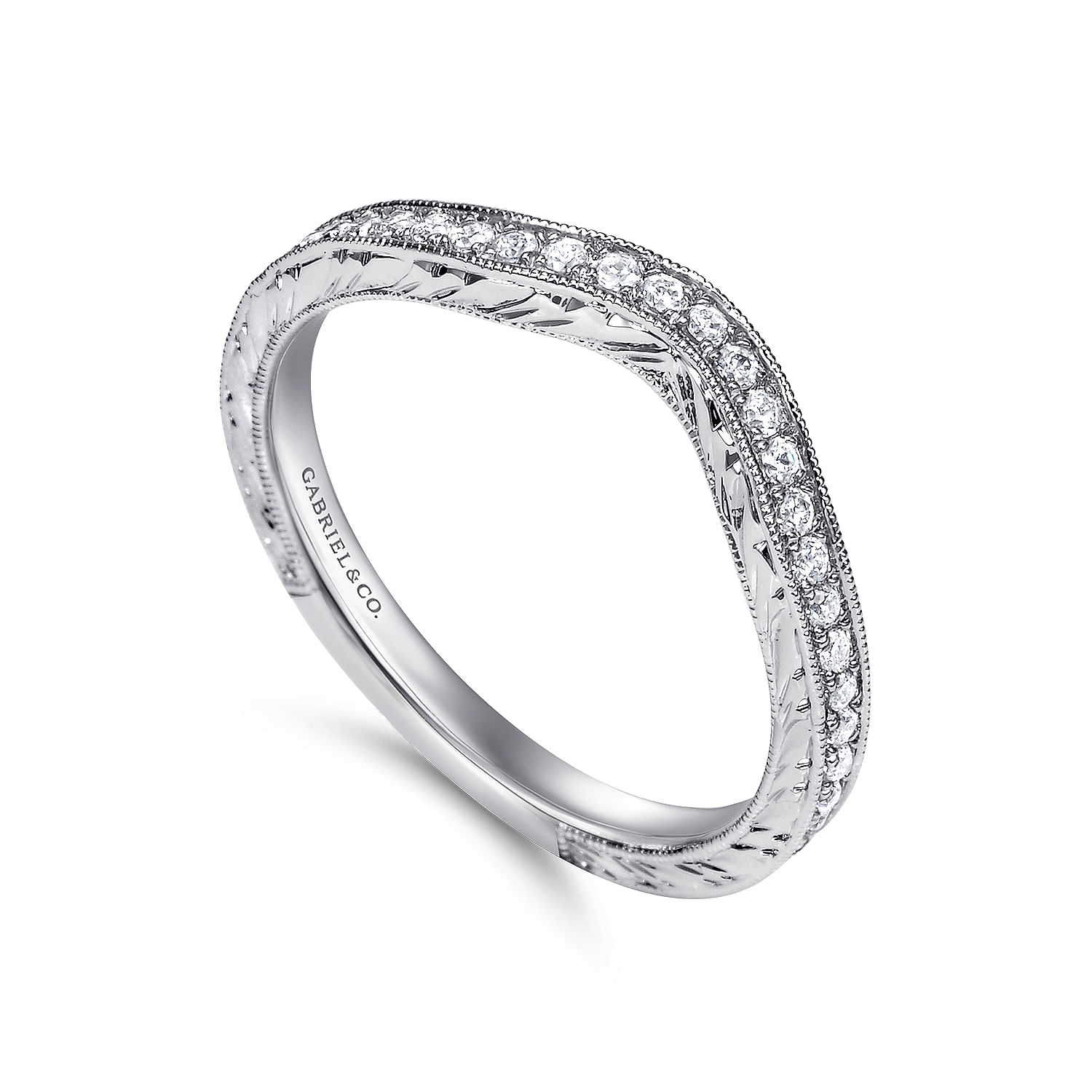 14k White Gold Diamond Curved Wedding Band angle 3 14k White Gold Diamond Curved Wedding Band angle 3