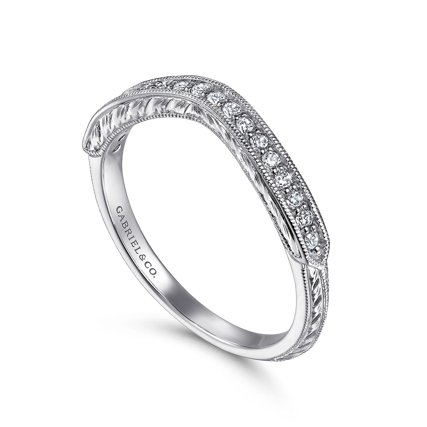 14k White Gold Diamond Curved Wedding Band angle 3 14k White Gold Diamond Curved Wedding Band angle 3