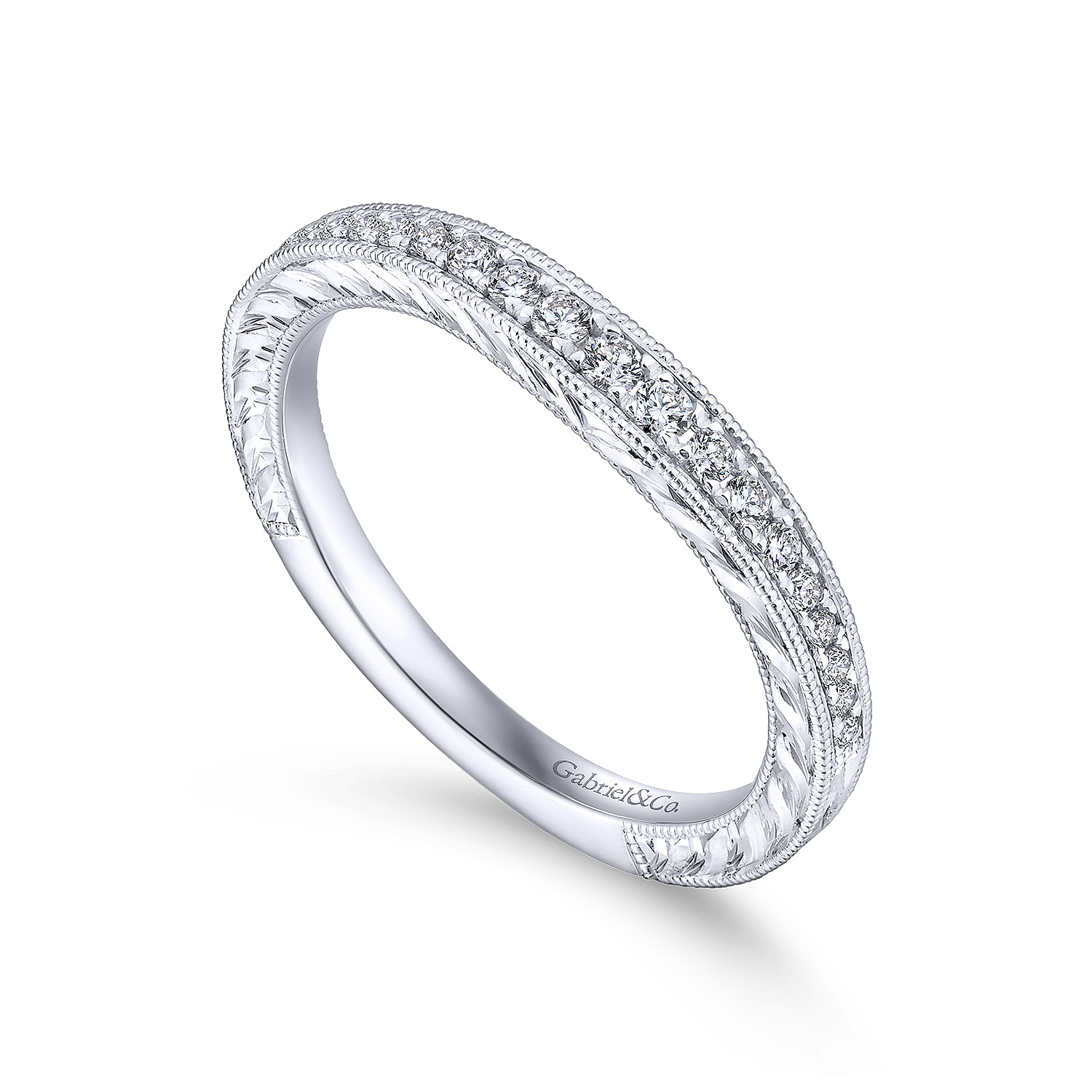 14k White Gold Diamond Curved Wedding Band angle 3 14k White Gold Diamond Curved Wedding Band angle 3
