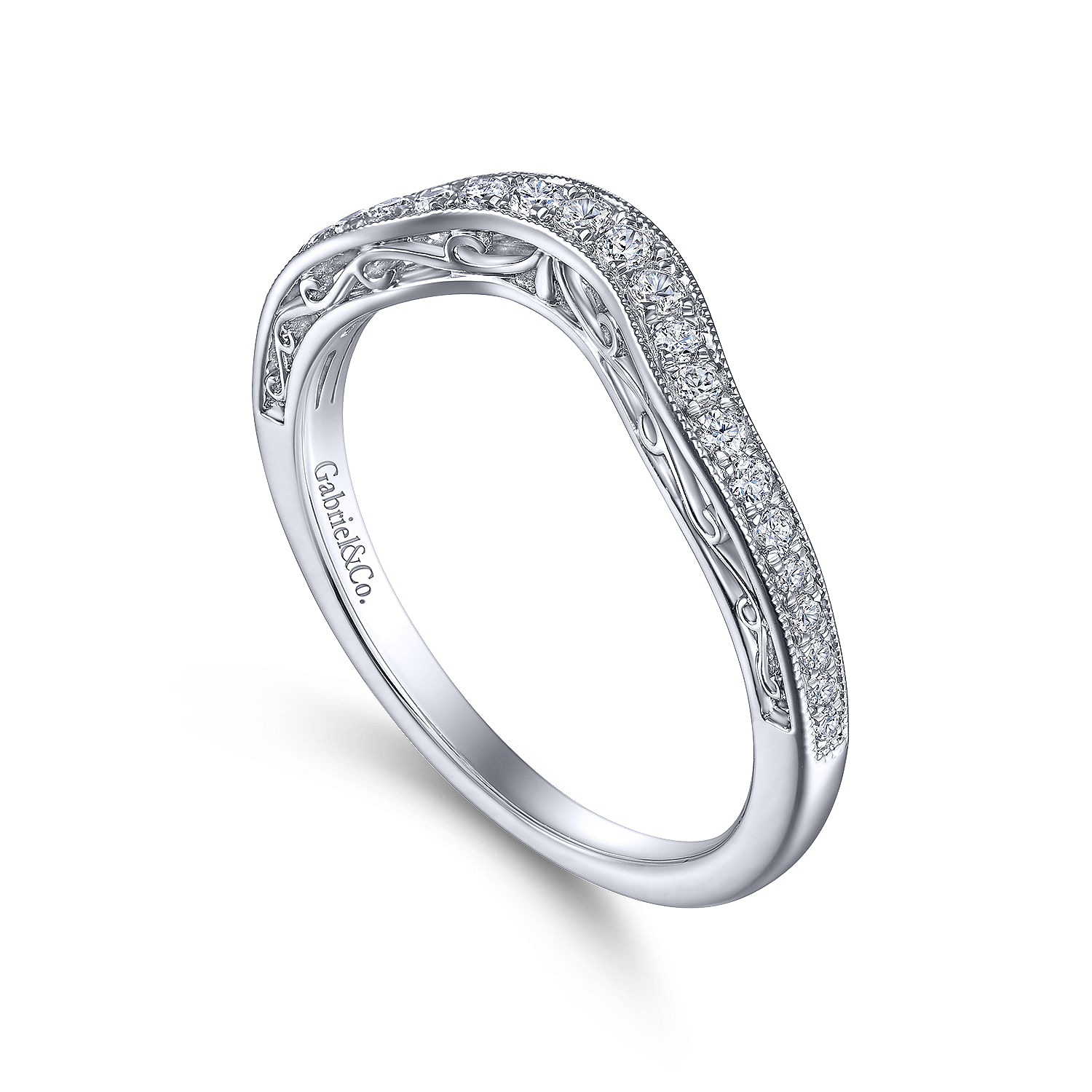 14k White Gold Diamond Curved Wedding Band angle 3 14k White Gold Diamond Curved Wedding Band angle 3