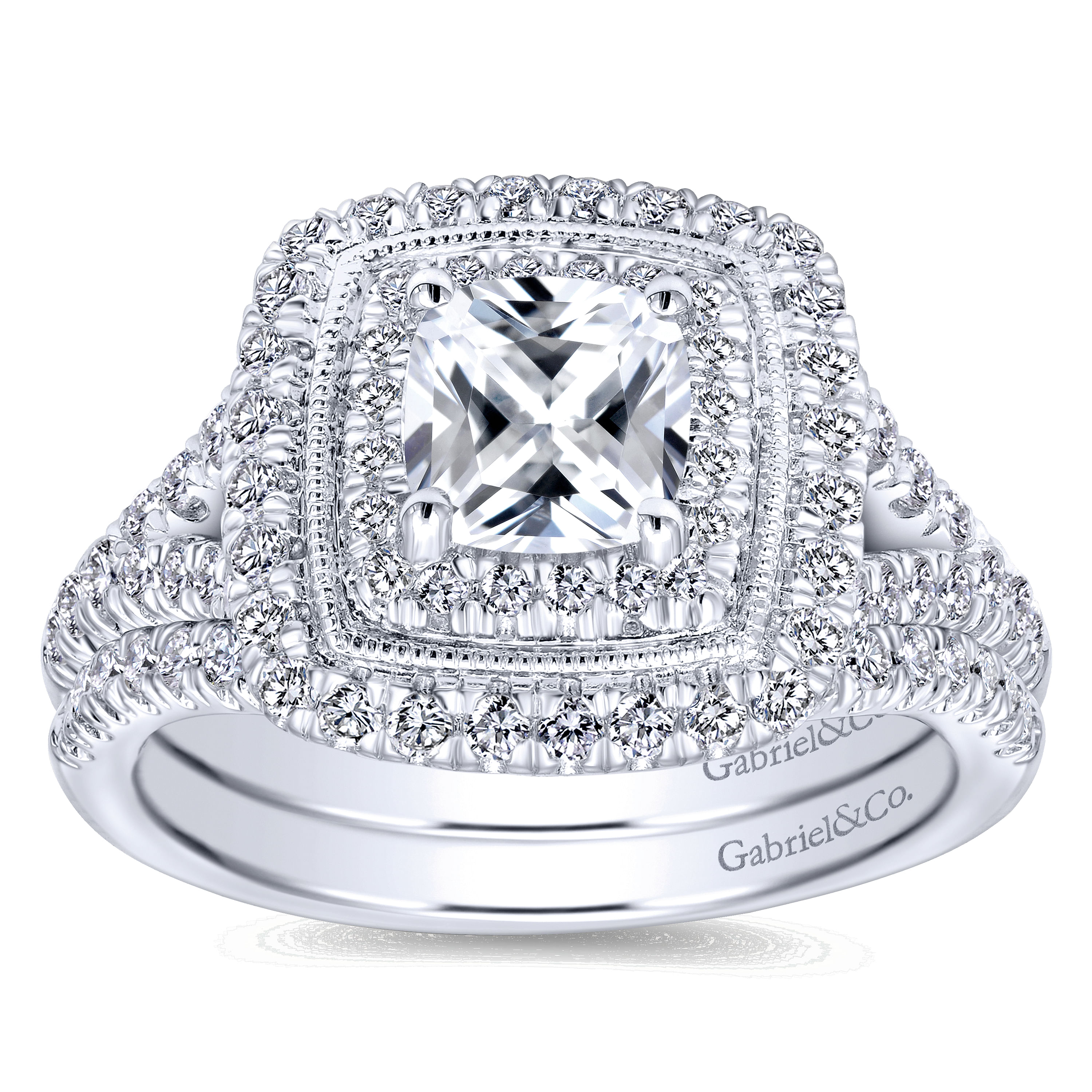 14k White Gold Diamond Double Halo Engagement Ring angle 4 14k White Gold Diamond Double Halo Engagement Ring angle 4