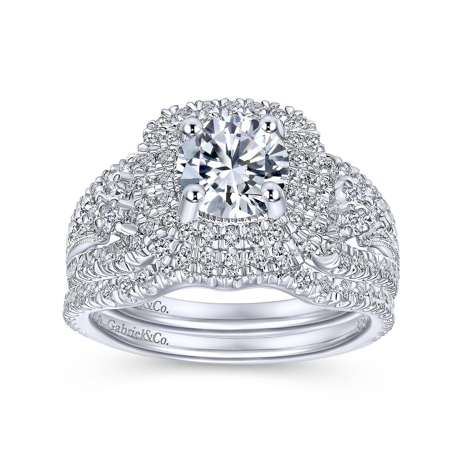 14k White Gold Diamond Double Halo Engagement Ring angle 4 14k White Gold Diamond Double Halo Engagement Ring angle 4