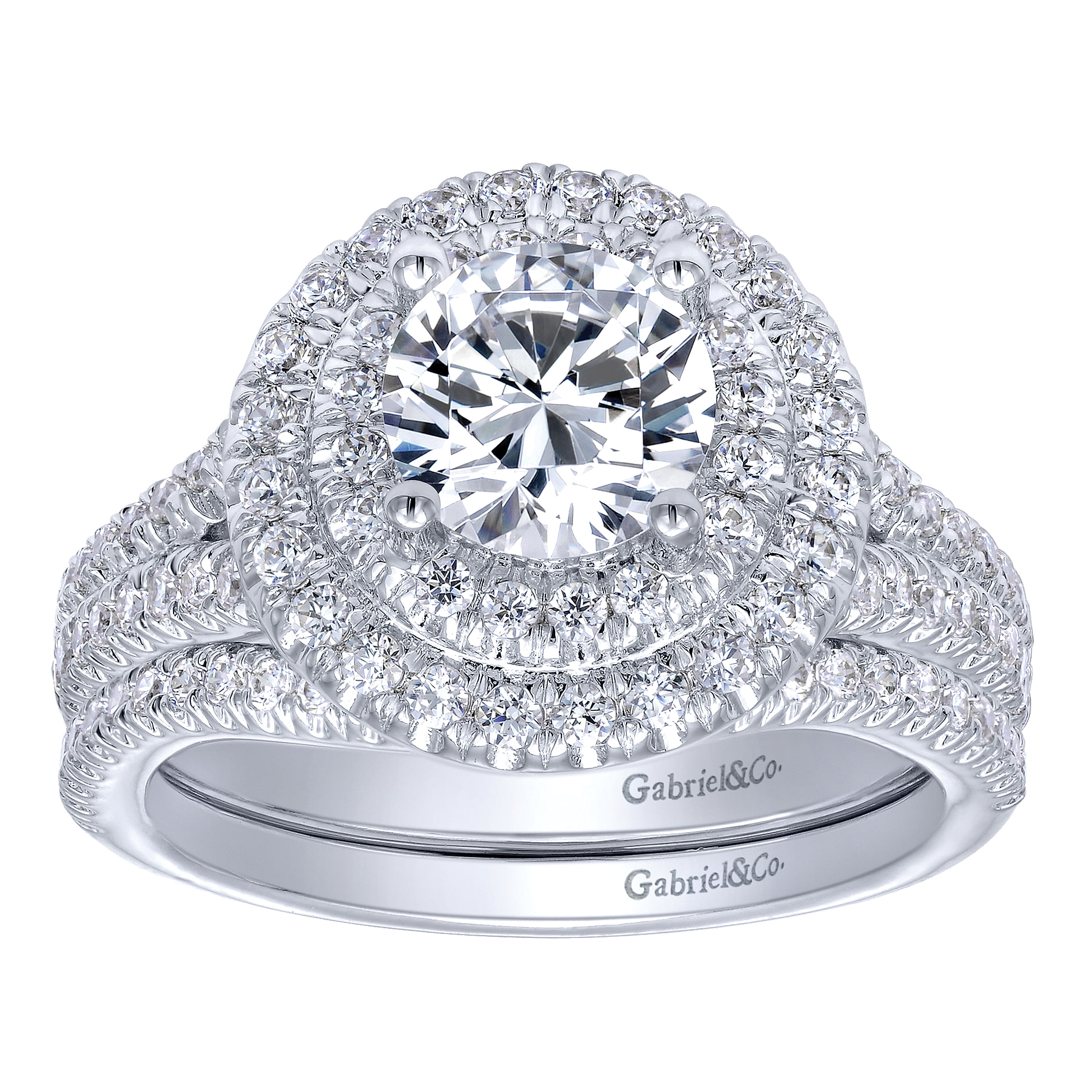 14k White Gold Diamond Double Halo Engagement Ring angle 4 14k White Gold Diamond Double Halo Engagement Ring angle 4