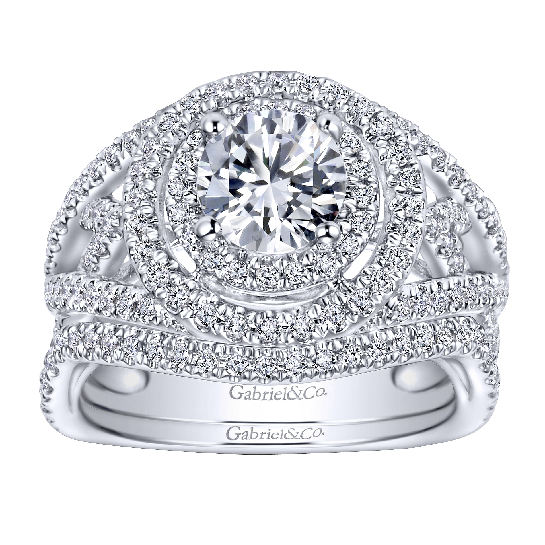 14k White Gold Diamond Double Halo Engagement Ring angle 4 14k White Gold Diamond Double Halo Engagement Ring angle 4