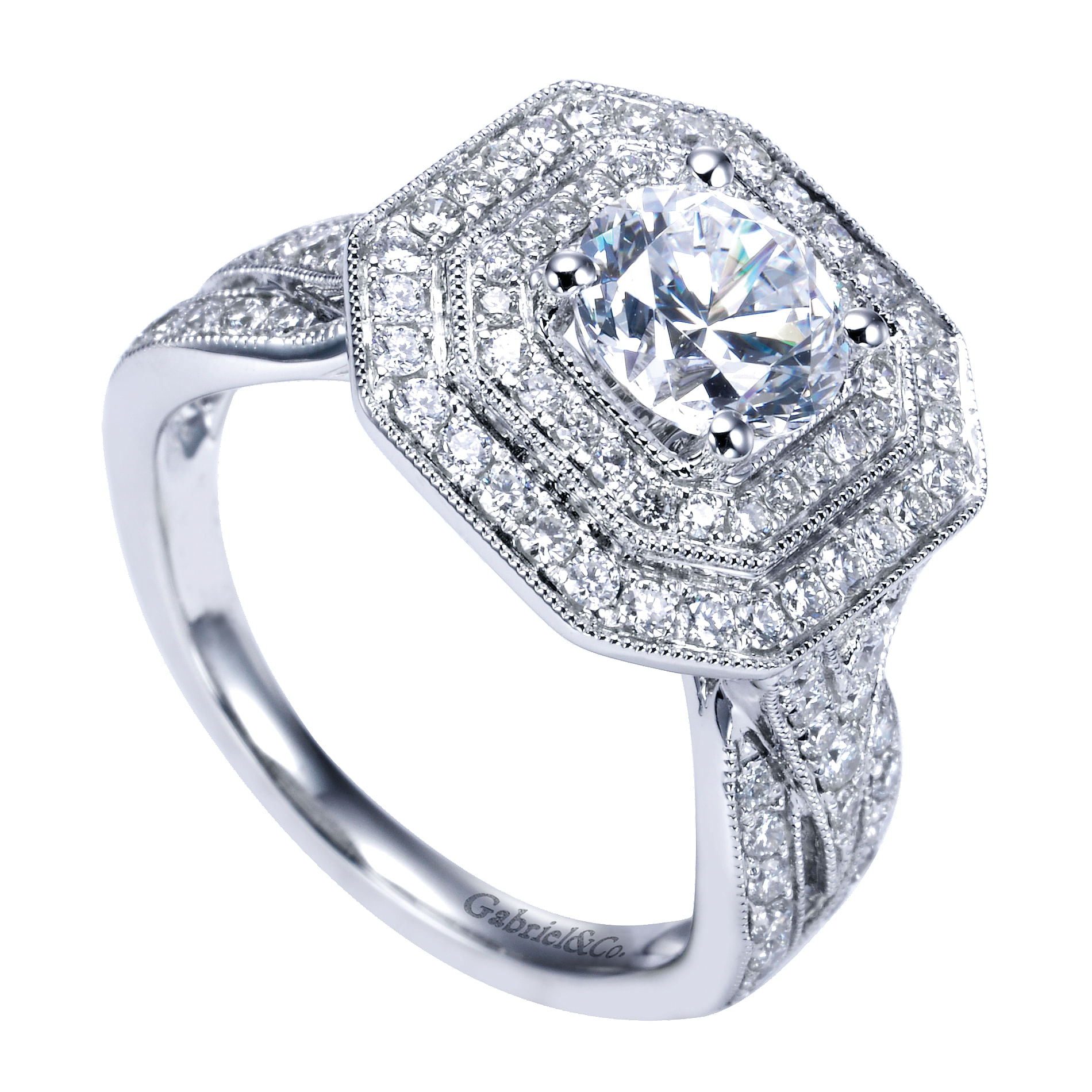 14k White Gold Diamond Double Halo Engagement Ring angle 3 14k White Gold Diamond Double Halo Engagement Ring angle 3