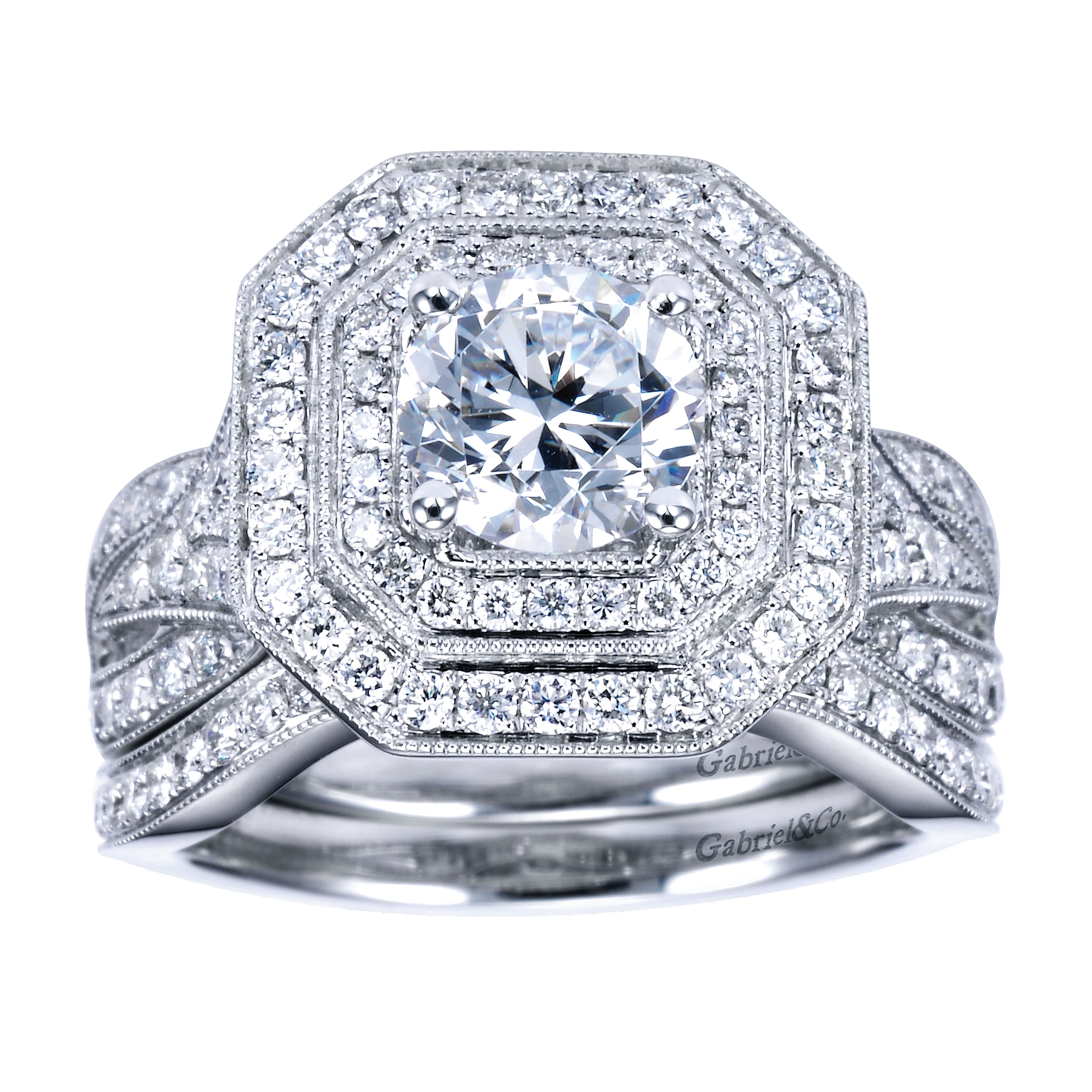 14k White Gold Diamond Double Halo Engagement Ring angle 4 14k White Gold Diamond Double Halo Engagement Ring angle 4
