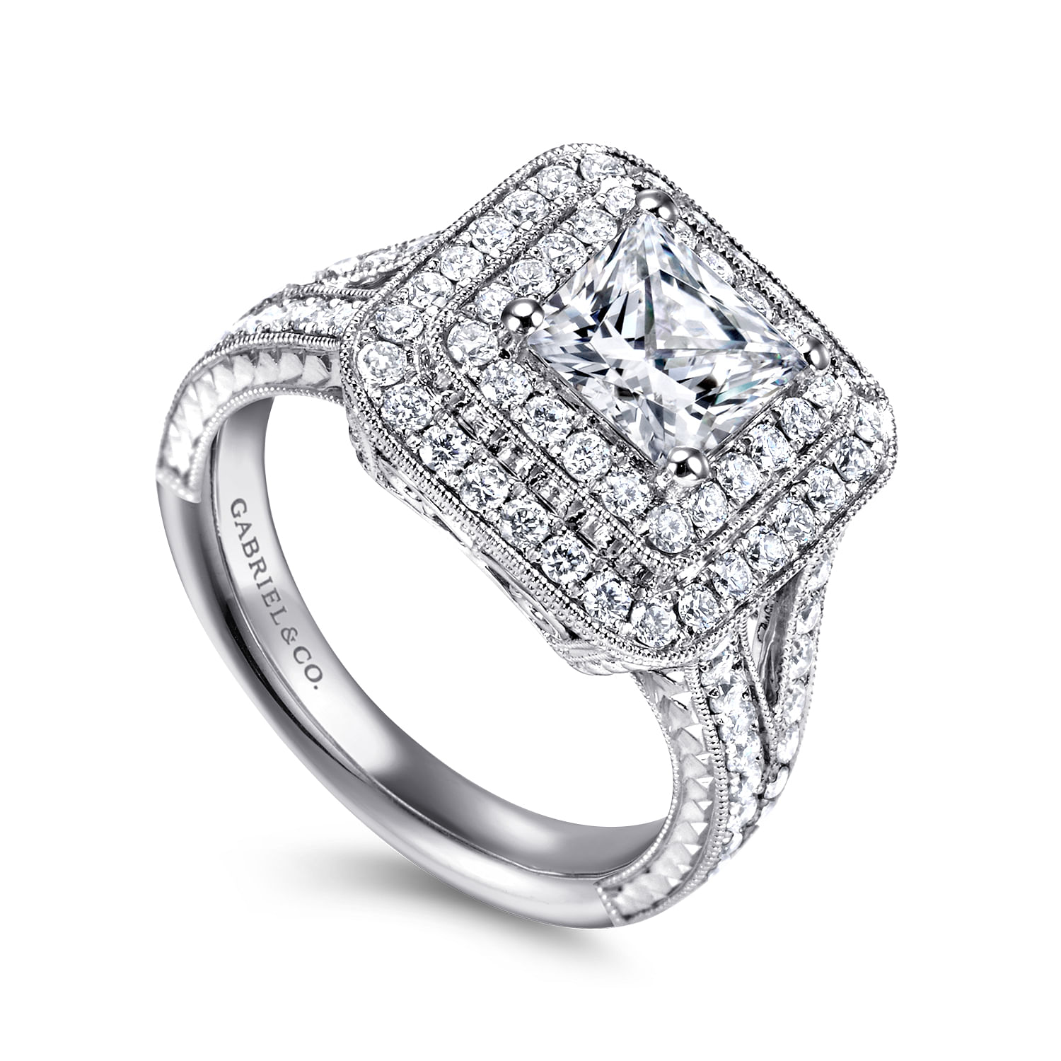 14k White Gold Diamond Double Halo Engagement Ring angle 3 14k White Gold Diamond Double Halo Engagement Ring angle 3