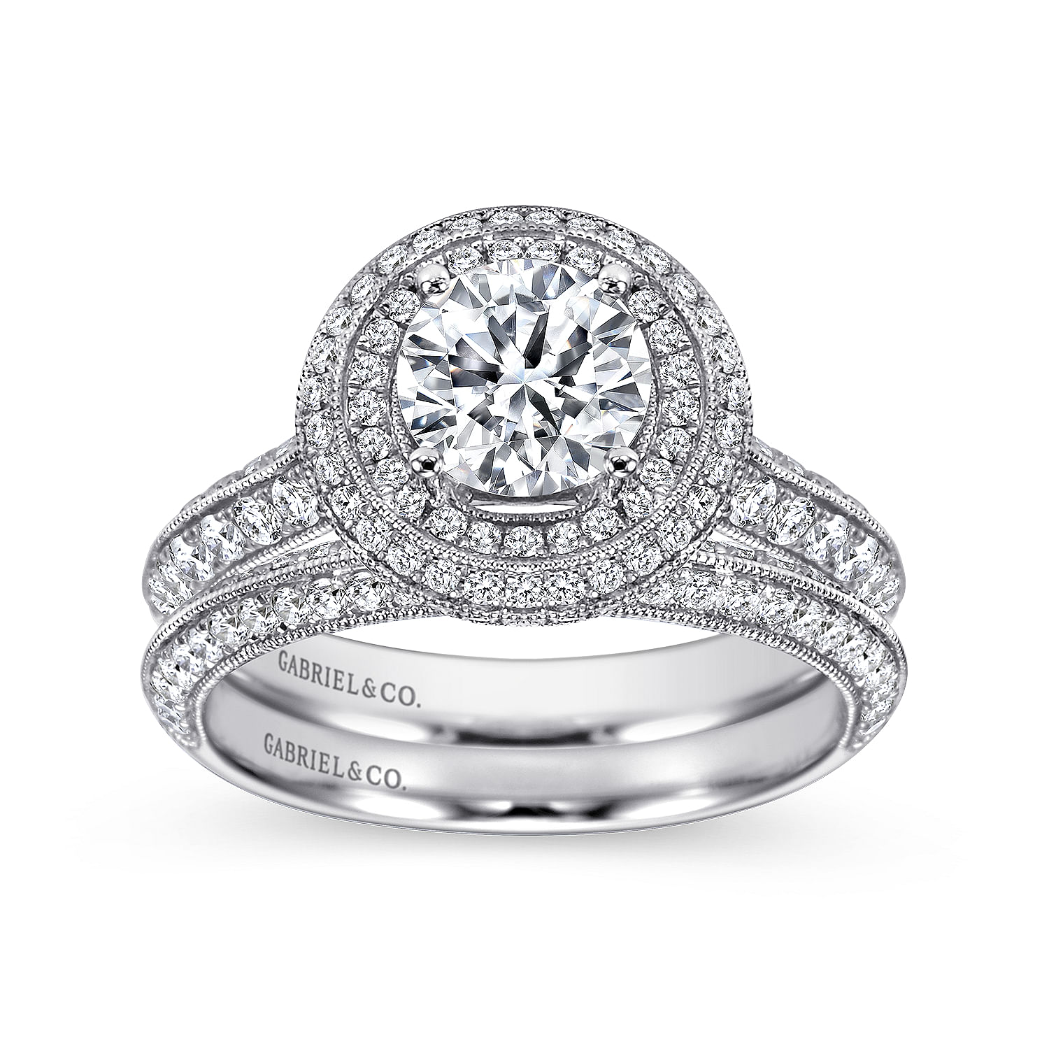 14k White Gold Diamond Double Halo Engagement Ring angle 4 14k White Gold Diamond Double Halo Engagement Ring angle 4