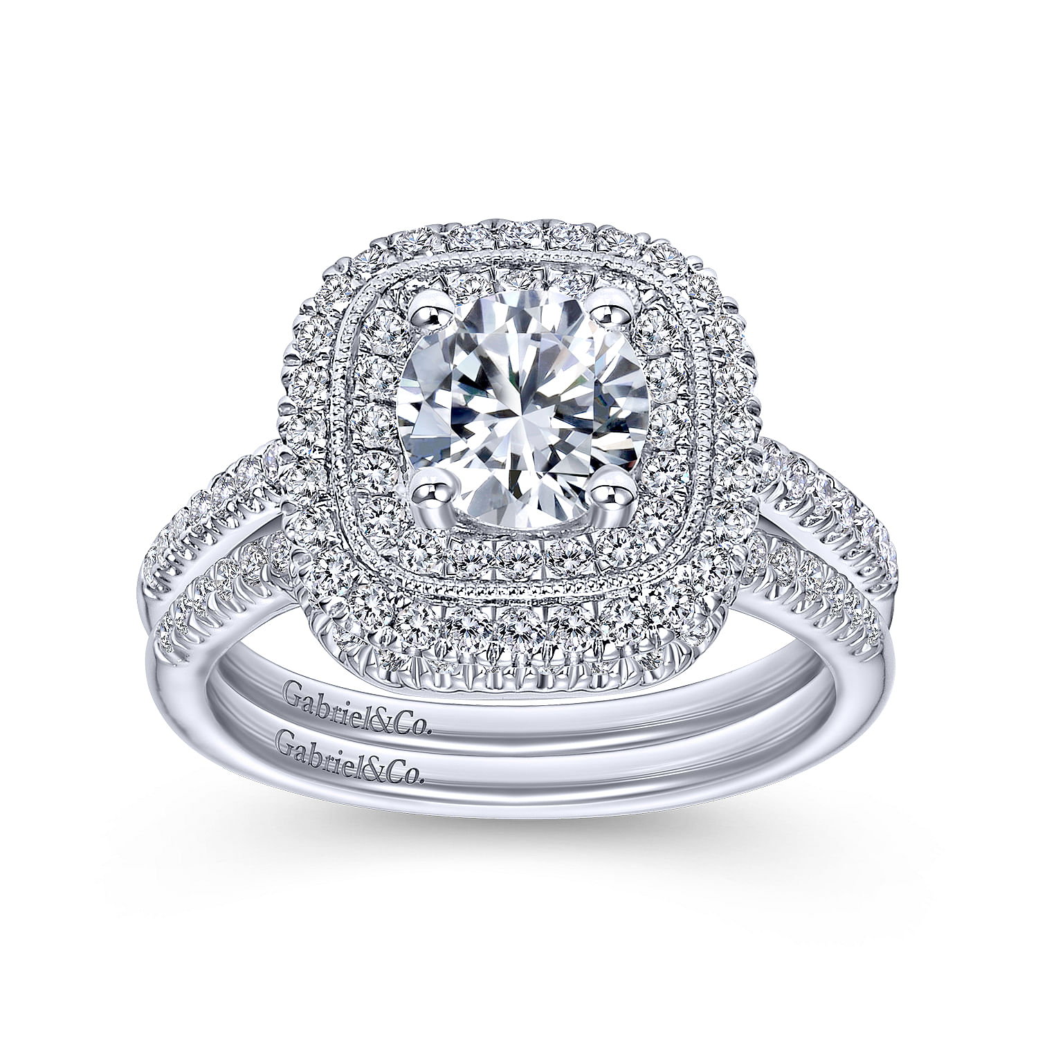 14k White Gold Diamond Double Halo Engagement Ring angle 4 14k White Gold Diamond Double Halo Engagement Ring angle 4