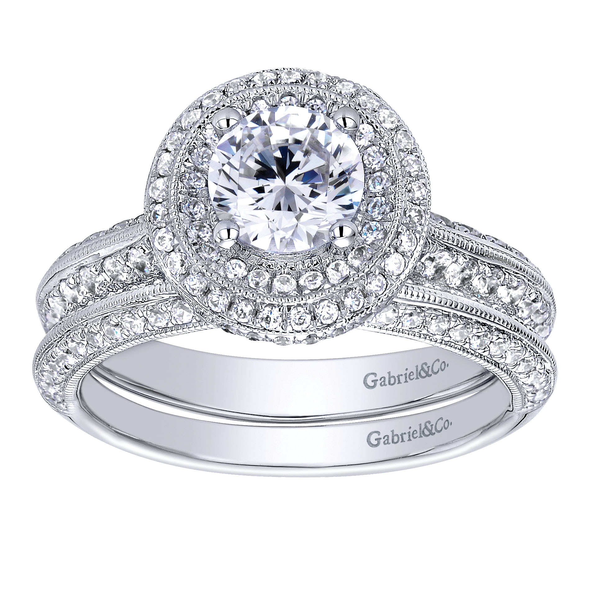 14k White Gold Diamond Double Halo Engagement Ring angle 4 14k White Gold Diamond Double Halo Engagement Ring angle 4