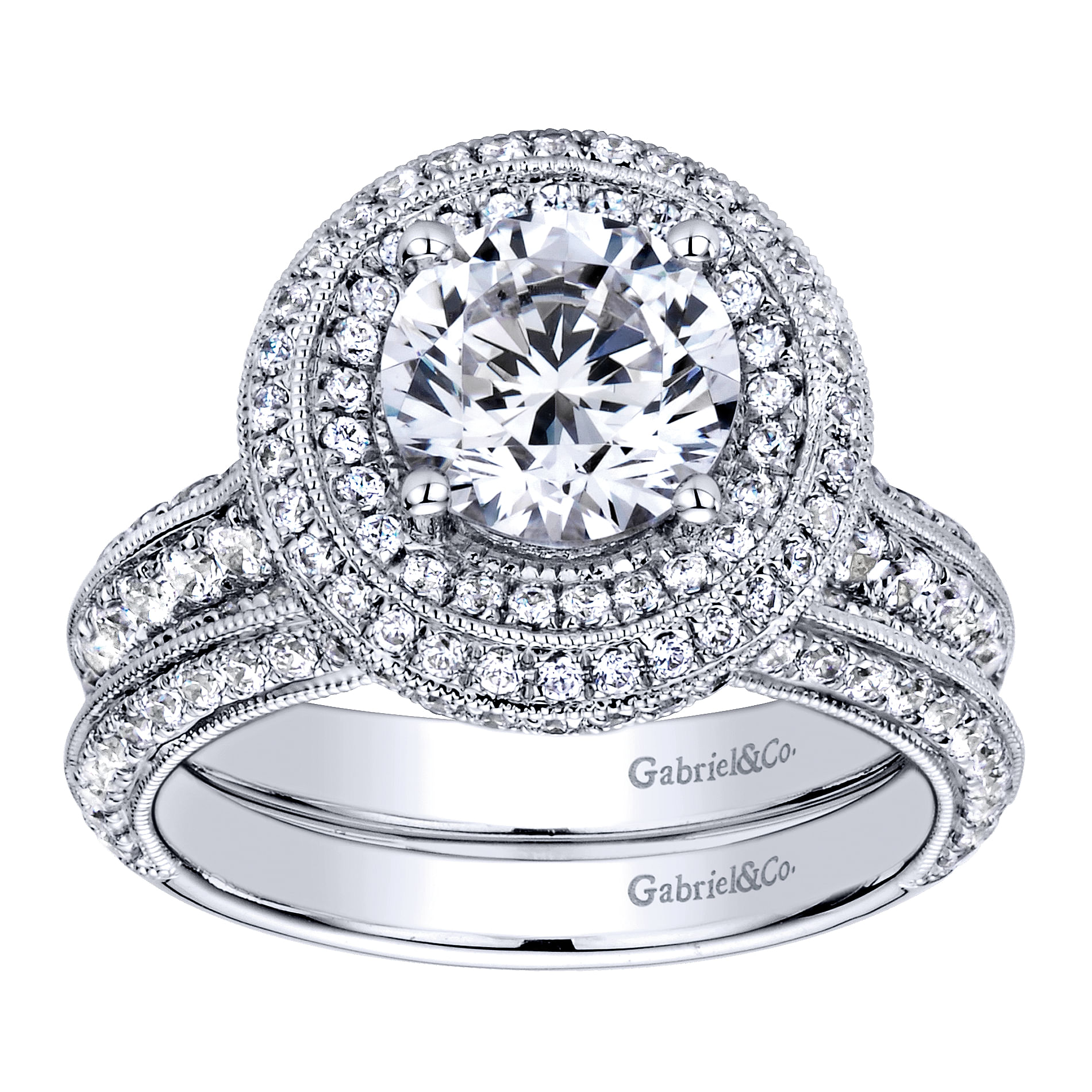 14k White Gold Diamond Double Halo Engagement Ring angle 4 14k White Gold Diamond Double Halo Engagement Ring angle 4