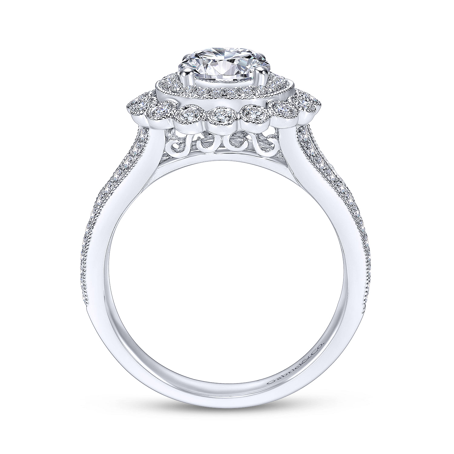 14k White Gold Diamond Double Pave Halo Engagement Ring with Channel Split Shank angle 2 14k White Gold Diamond Double Pave Halo Engagement Ring with Channel Split Shank angle 2