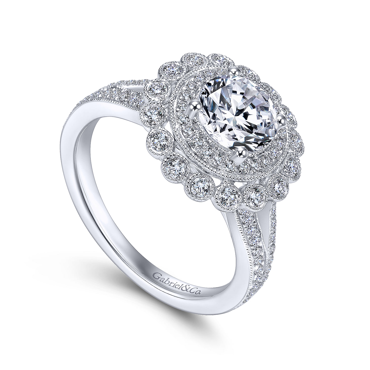 14k White Gold Diamond Double Pave Halo Engagement Ring with Channel Split Shank angle 3 14k White Gold Diamond Double Pave Halo Engagement Ring with Channel Split Shank angle 3