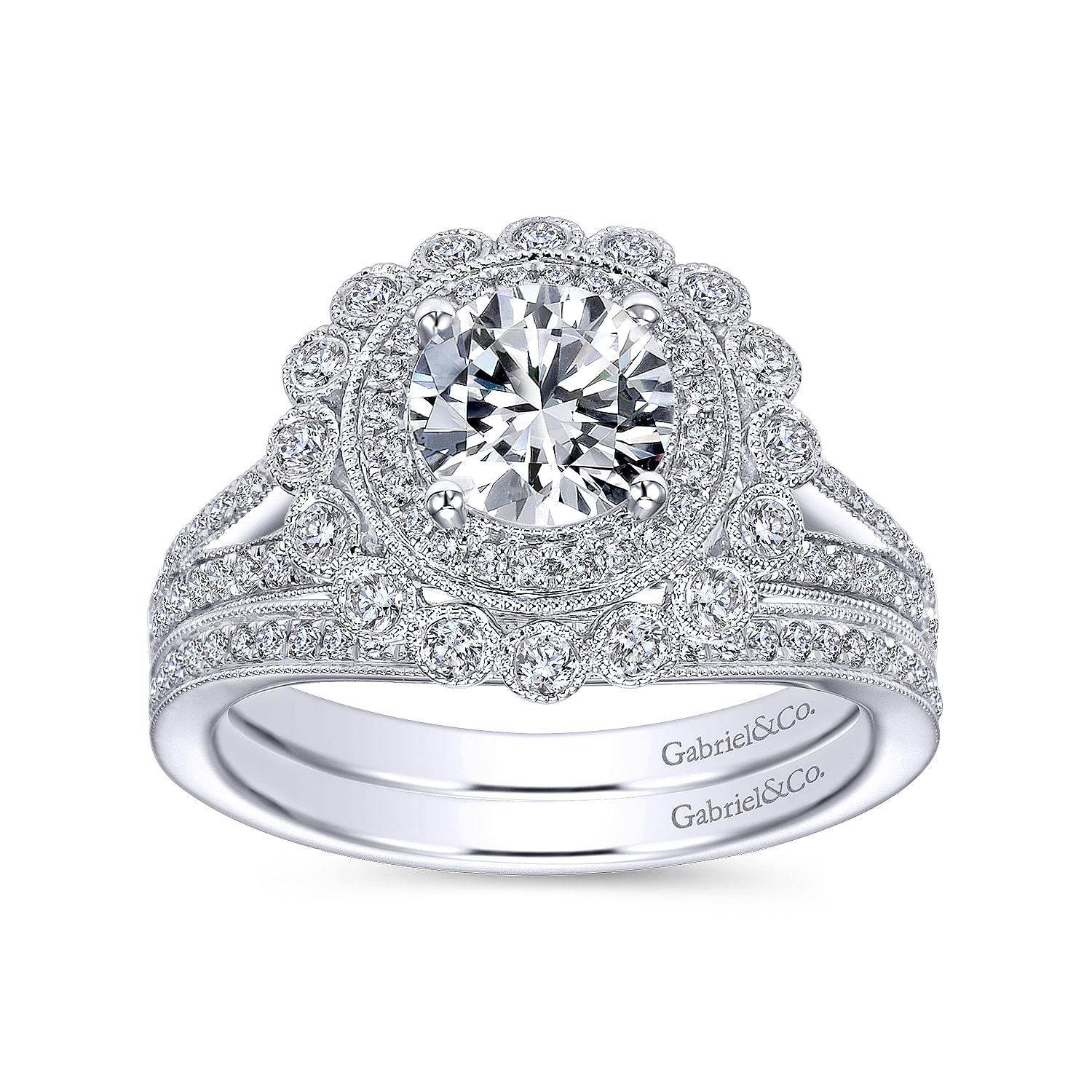 14k White Gold Diamond Double Pave Halo Engagement Ring with Channel Split Shank angle 4 14k White Gold Diamond Double Pave Halo Engagement Ring with Channel Split Shank angle 4