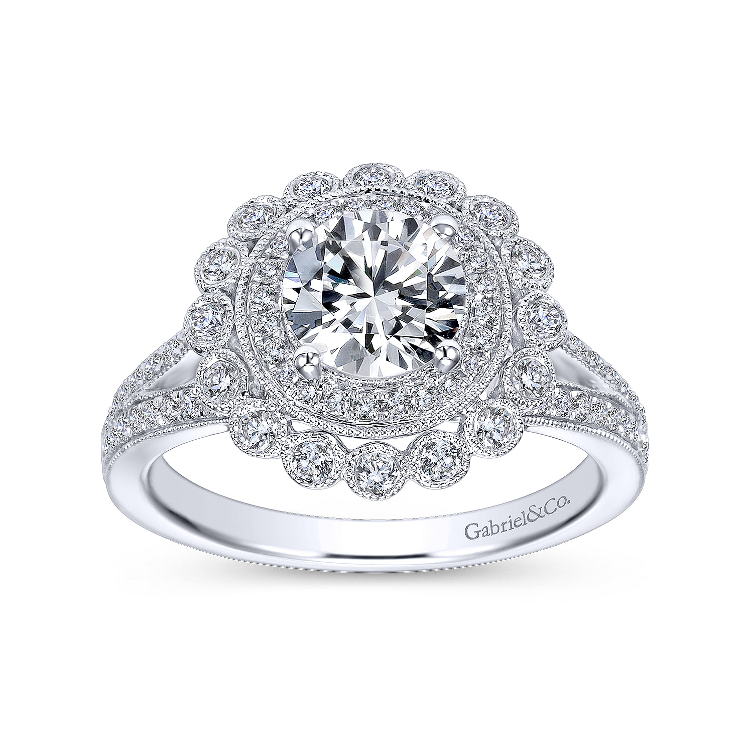 14k White Gold Diamond Double Pave Halo Engagement Ring with Channel Split Shank angle 5 14k White Gold Diamond Double Pave Halo Engagement Ring with Channel Split Shank angle 5