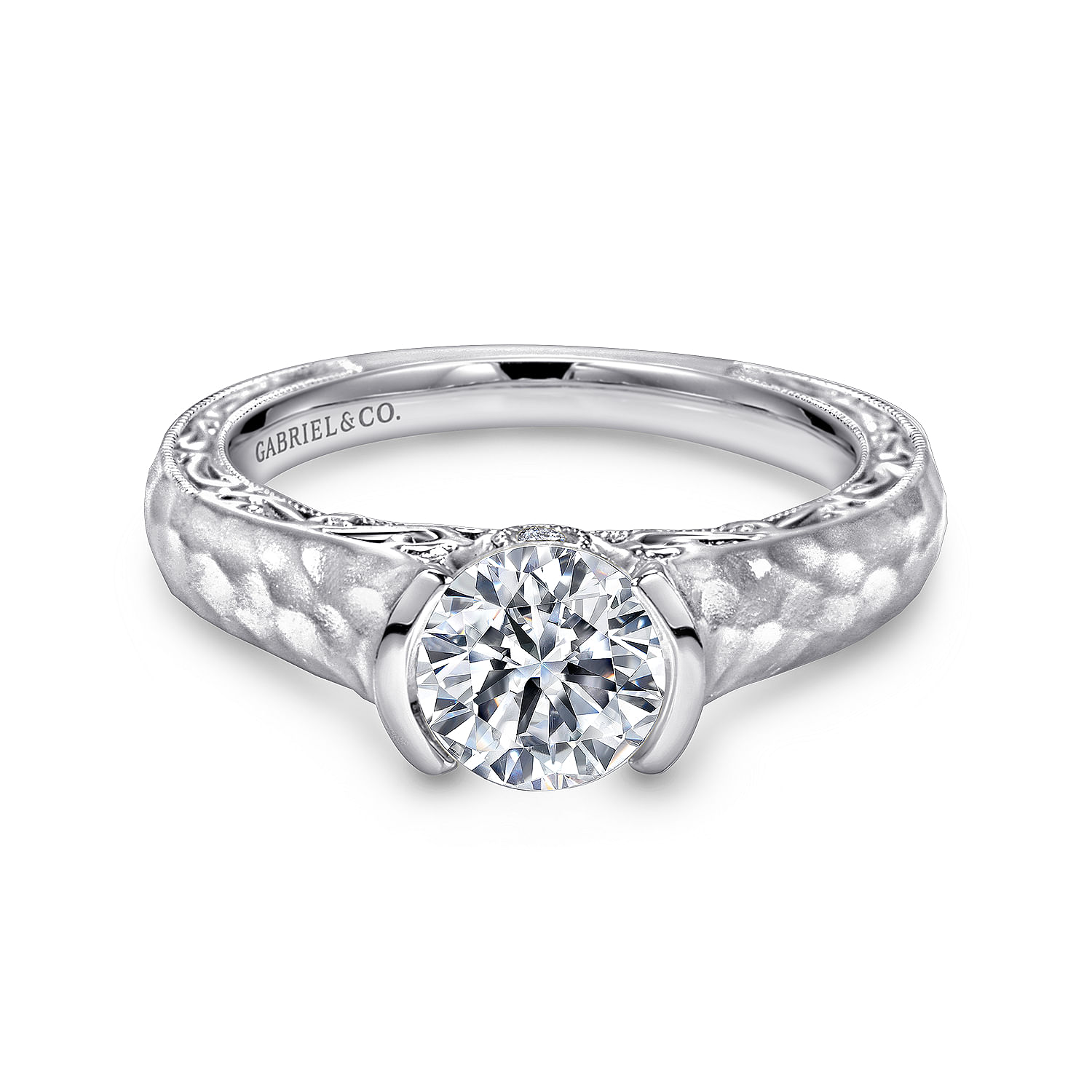 14k White Gold Diamond Filgree Solitaire with Hammered Shank 14k White Gold Diamond Filgree Solitaire with Hammered Shank
