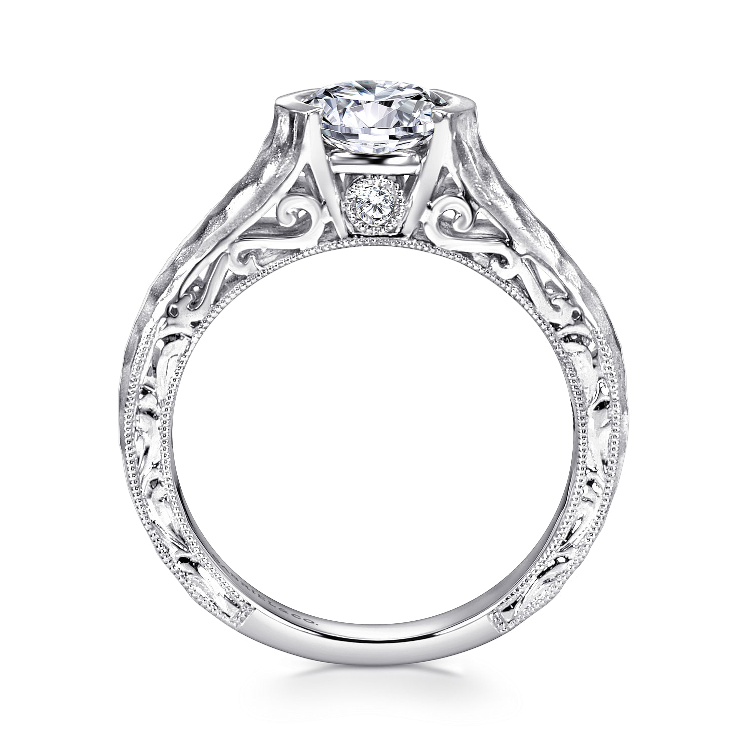 14k White Gold Diamond Filgree Solitaire Engagement Ring with Hammered Shank angle 2 14k White Gold Diamond Filgree Solitaire Engagement Ring with Hammered Shank angle 2