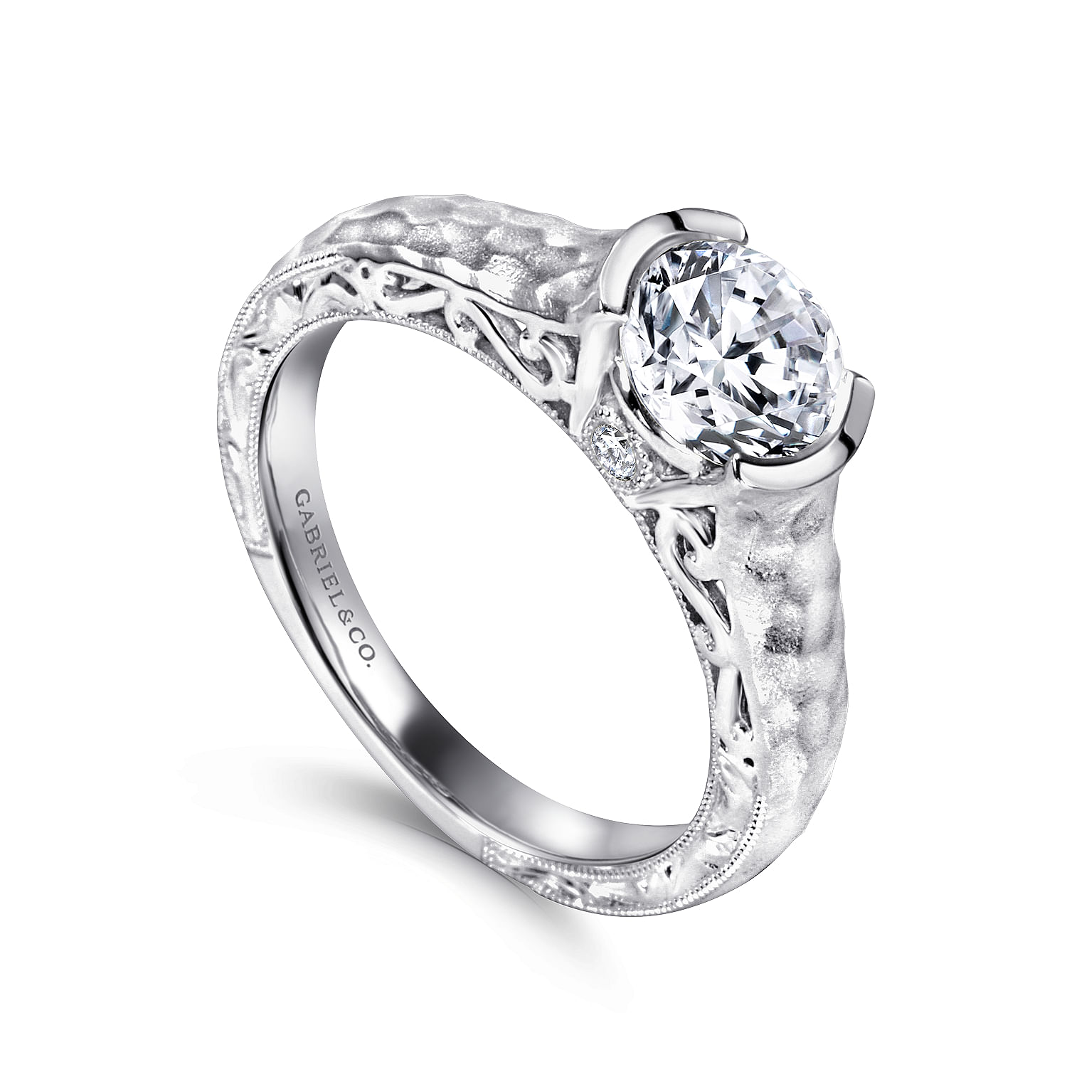 14k White Gold Diamond Filgree Solitaire Engagement Ring with Hammered Shank angle 3 14k White Gold Diamond Filgree Solitaire Engagement Ring with Hammered Shank angle 3