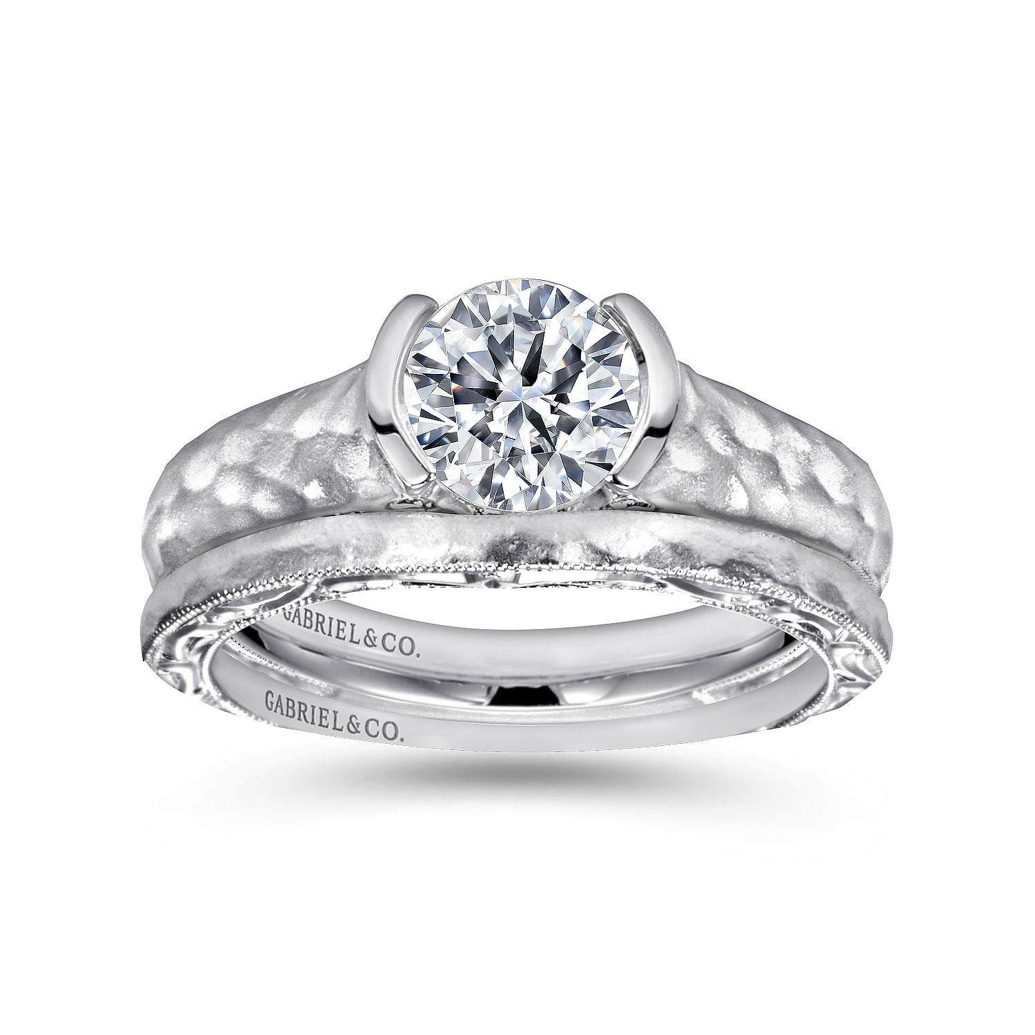 14k White Gold Diamond Filgree Solitaire Engagement Ring with Hammered Shank angle 4 14k White Gold Diamond Filgree Solitaire Engagement Ring with Hammered Shank angle 4
