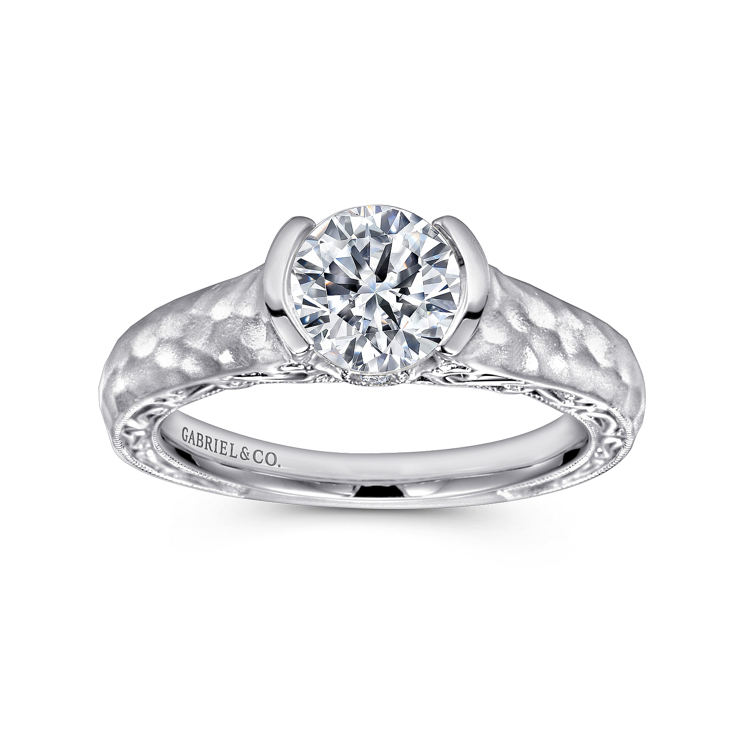 14k White Gold Diamond Filgree Solitaire Engagement Ring with Hammered Shank angle 5 14k White Gold Diamond Filgree Solitaire Engagement Ring with Hammered Shank angle 5