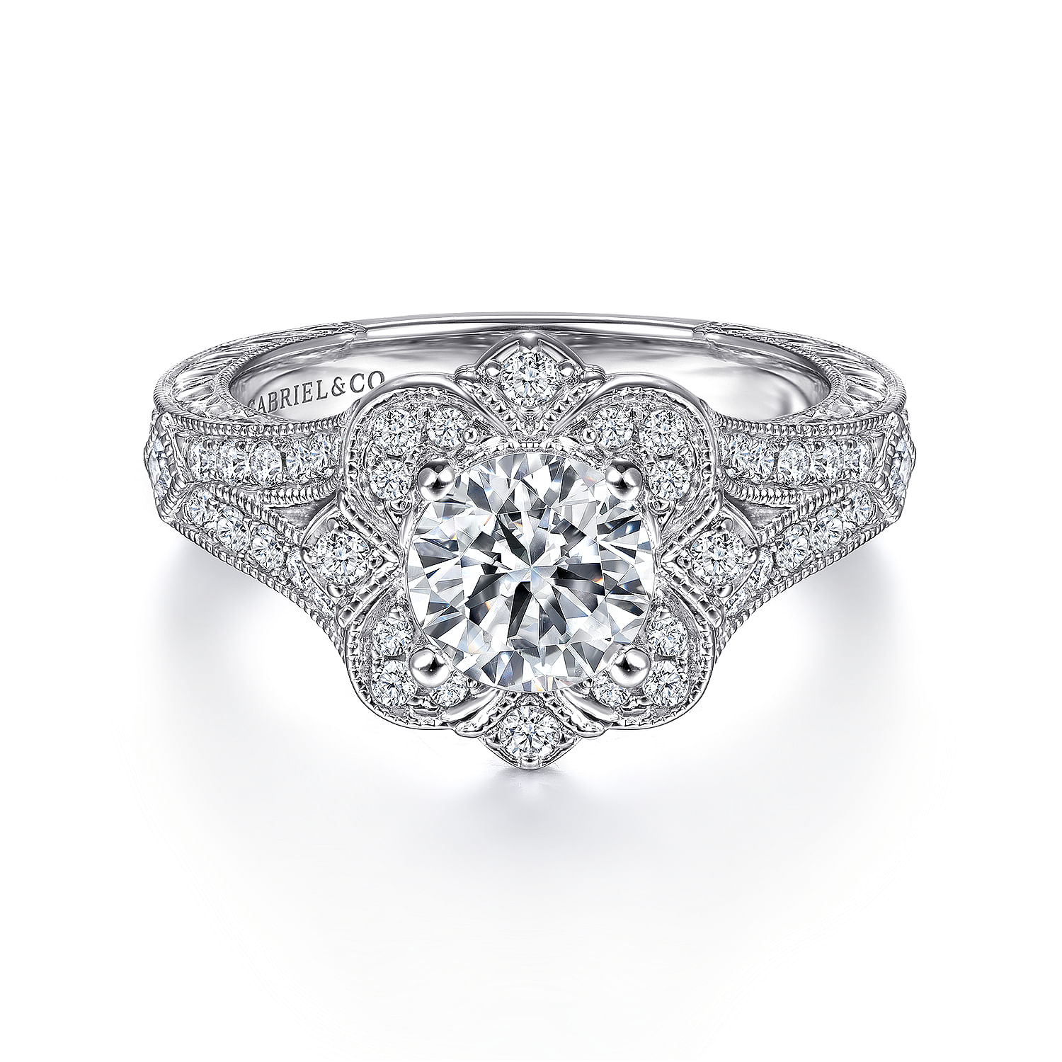 14k White Gold Diamond Flower Halo With Hand Etched Shank 14k White Gold Diamond Flower Halo With Hand Etched Shank