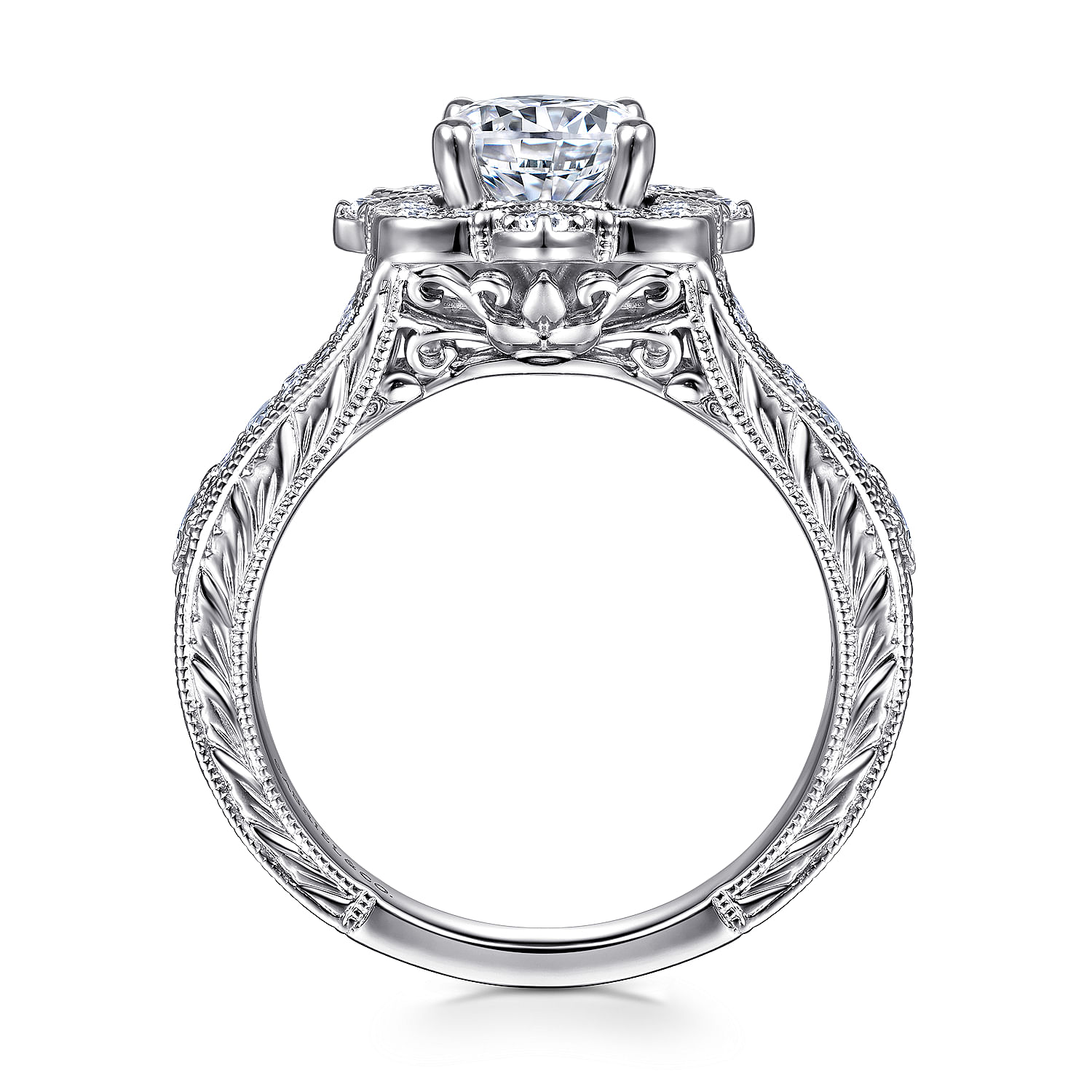 14k White Gold Diamond Flower Halo Engagement Ring With Hand Etched Shank angle 2 14k White Gold Diamond Flower Halo Engagement Ring With Hand Etched Shank angle 2