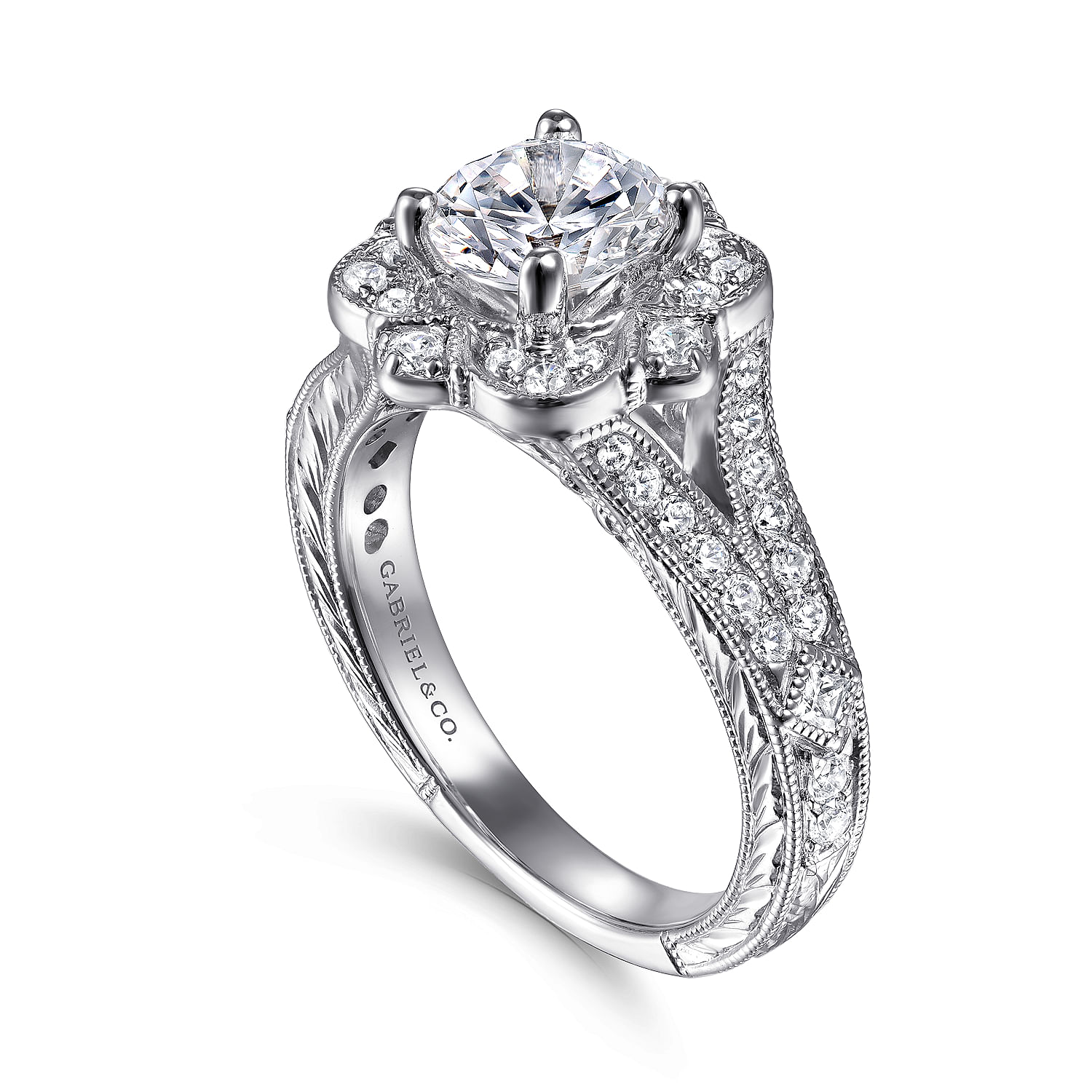 14k White Gold Diamond Flower Halo Engagement Ring With Hand Etched Shank angle 3 14k White Gold Diamond Flower Halo Engagement Ring With Hand Etched Shank angle 3