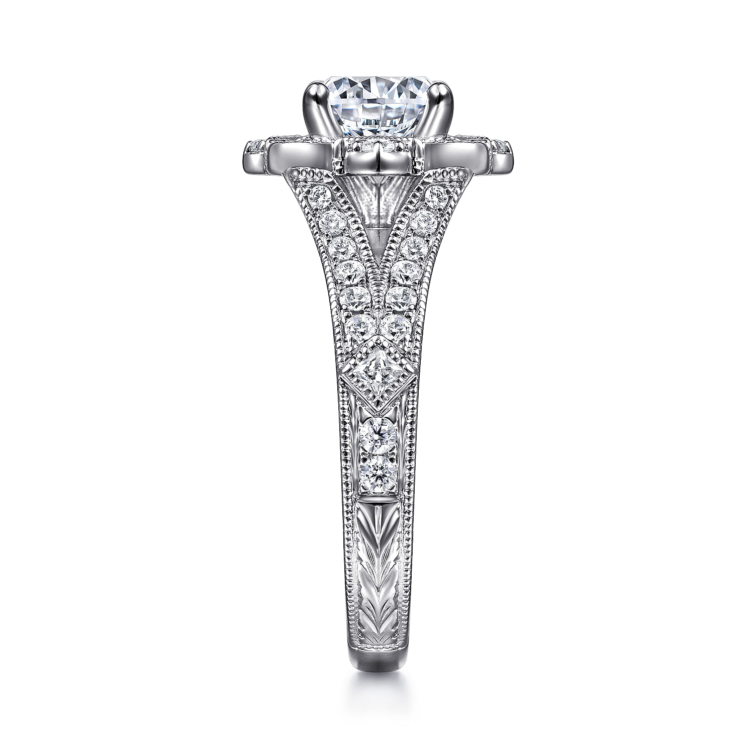 14k White Gold Diamond Flower Halo Engagement Ring With Hand Etched Shank angle 5 14k White Gold Diamond Flower Halo Engagement Ring With Hand Etched Shank angle 5