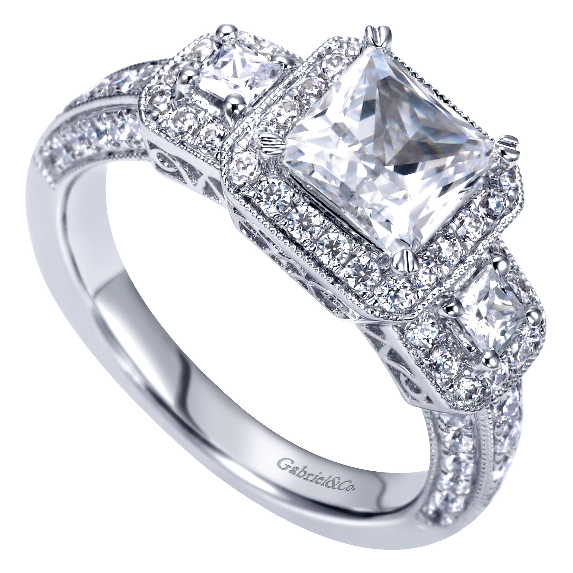 14k White Gold Diamond Halo Engagement Ring angle 3 14k White Gold Diamond Halo Engagement Ring angle 3
