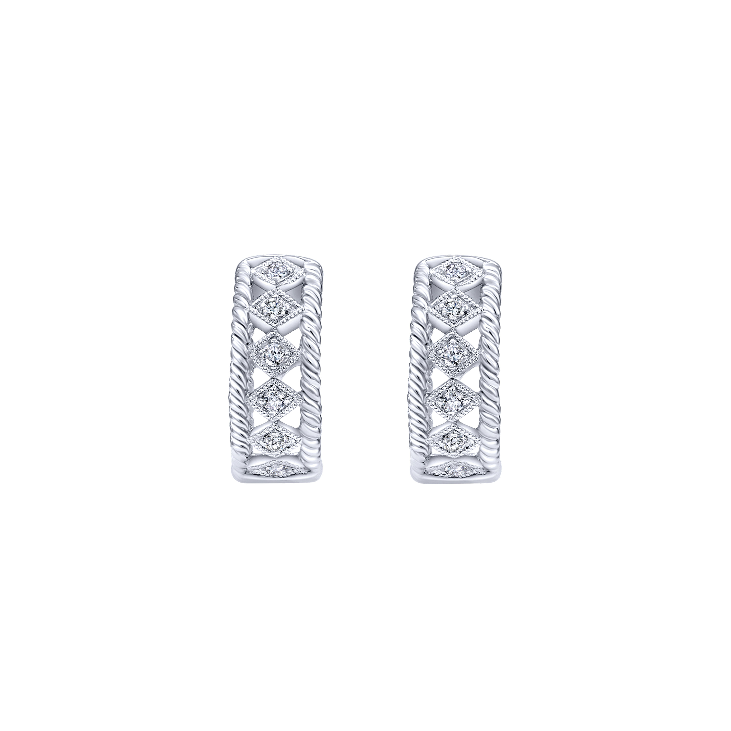 14k White Gold Diamond Huggie Earrings angle 3 14k White Gold Diamond Huggie Earrings angle 3
