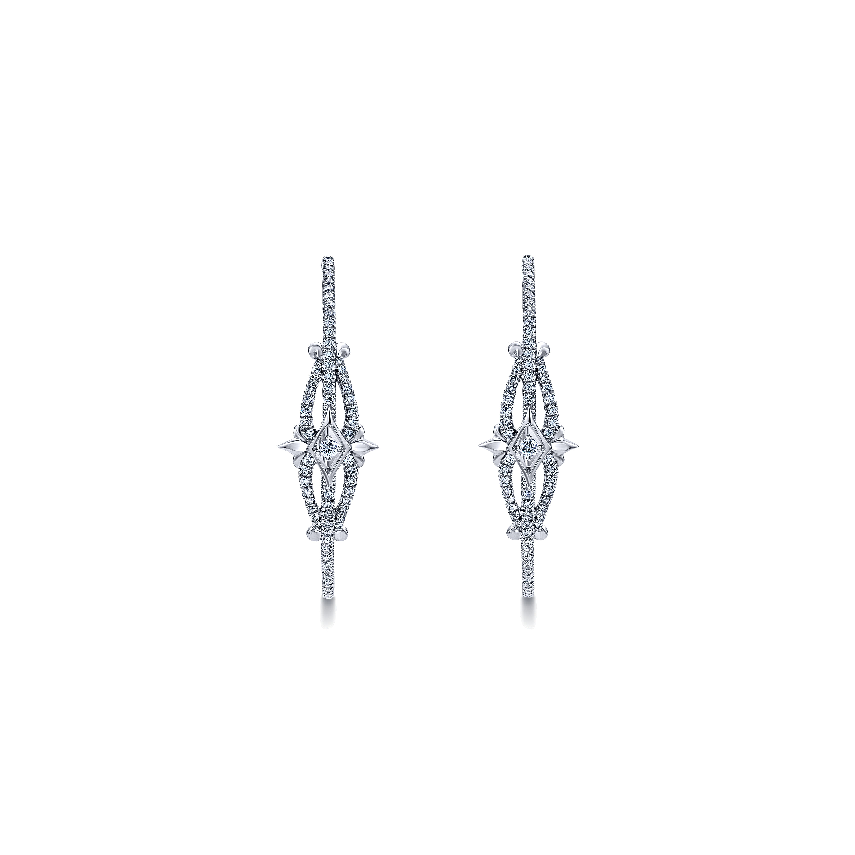 14k White Gold Diamond Intricate Hoop Earrings angle 3 14k White Gold Diamond Intricate Hoop Earrings angle 3