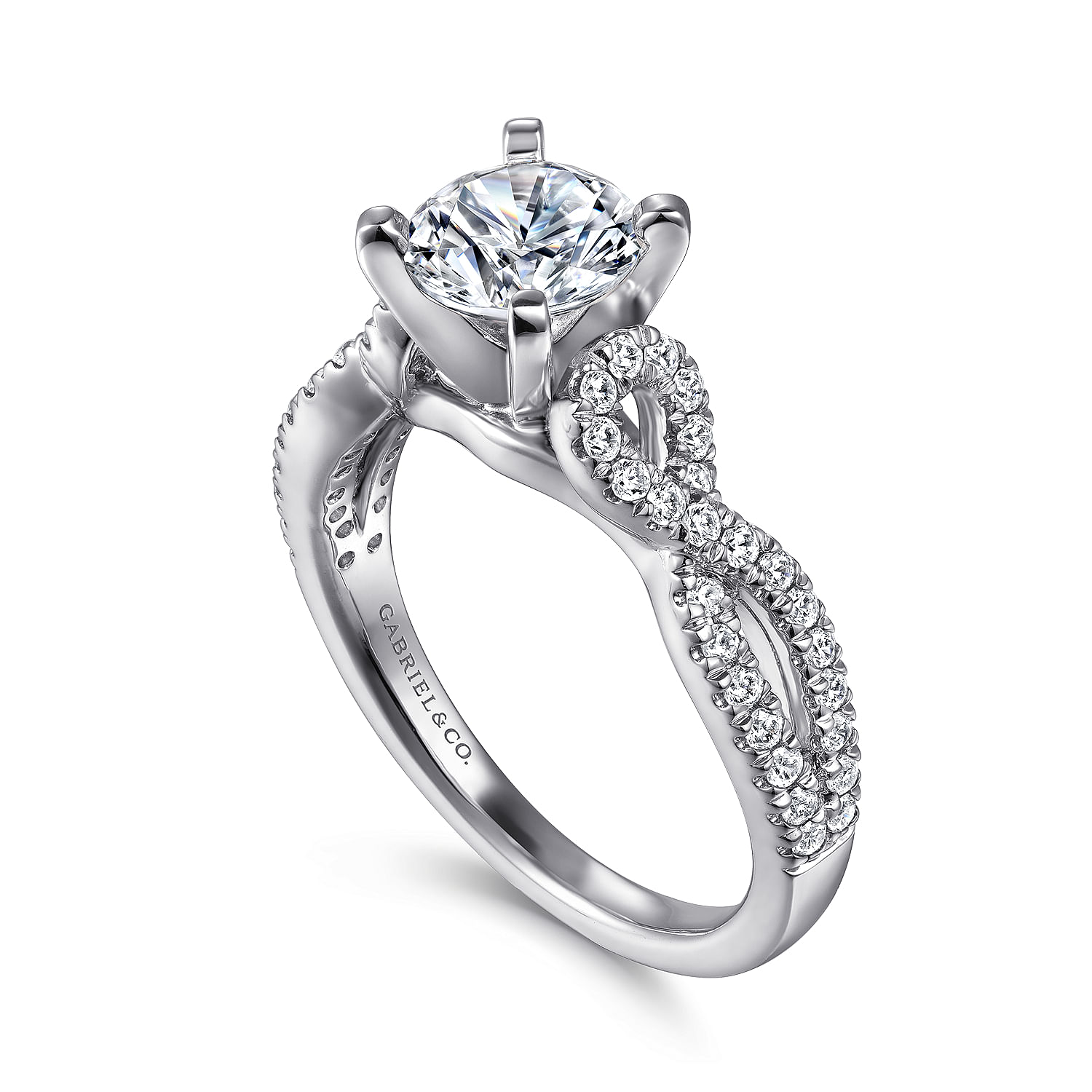 14k White Gold Diamond Pave Criss Cross Engagement Ring with Cathedral Setting angle 3 14k White Gold Diamond Pave Criss Cross Engagement Ring with Cathedral Setting angle 3