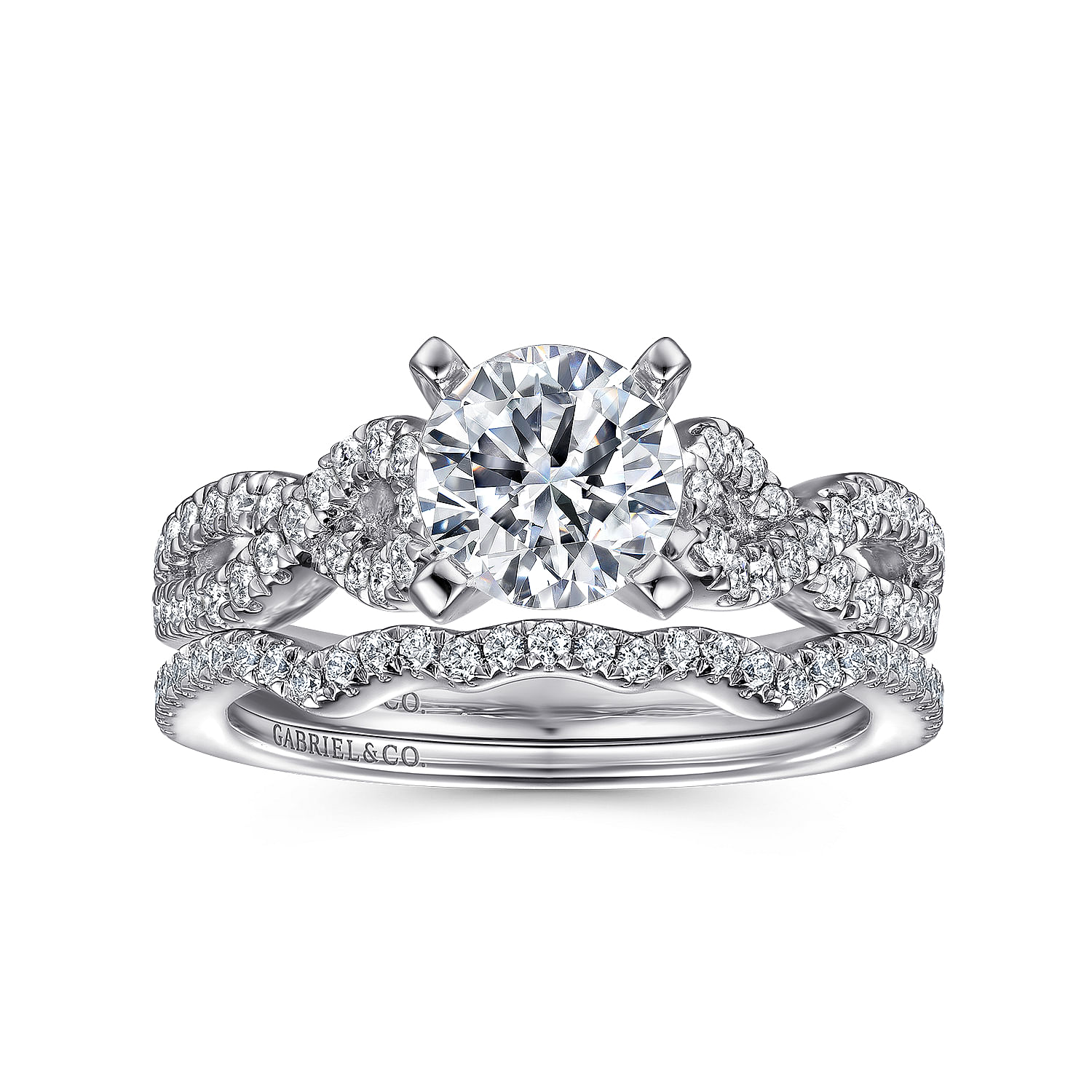 14k White Gold Diamond Pave Criss Cross Engagement Ring with Cathedral Setting angle 4 14k White Gold Diamond Pave Criss Cross Engagement Ring with Cathedral Setting angle 4