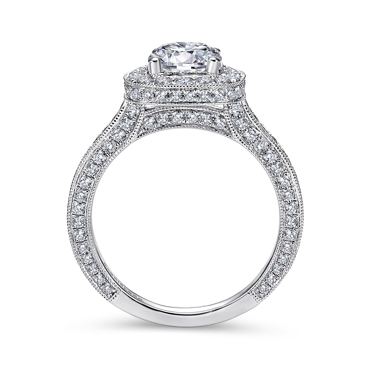 14k White Gold Diamond Pave Halo Milgrain and Channel Set Engagement Ring angle 2 14k White Gold Diamond Pave Halo Milgrain and Channel Set Engagement Ring angle 2
