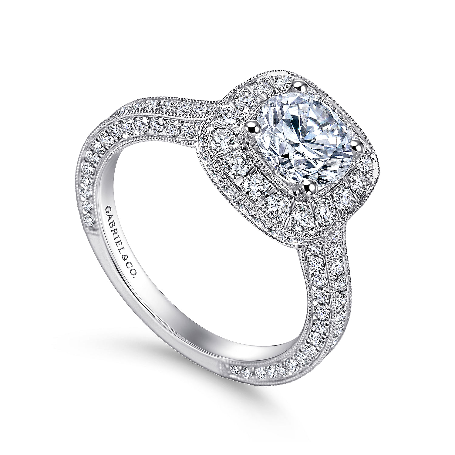 14k White Gold Diamond Pave Halo Milgrain and Channel Set Engagement Ring angle 3 14k White Gold Diamond Pave Halo Milgrain and Channel Set Engagement Ring angle 3