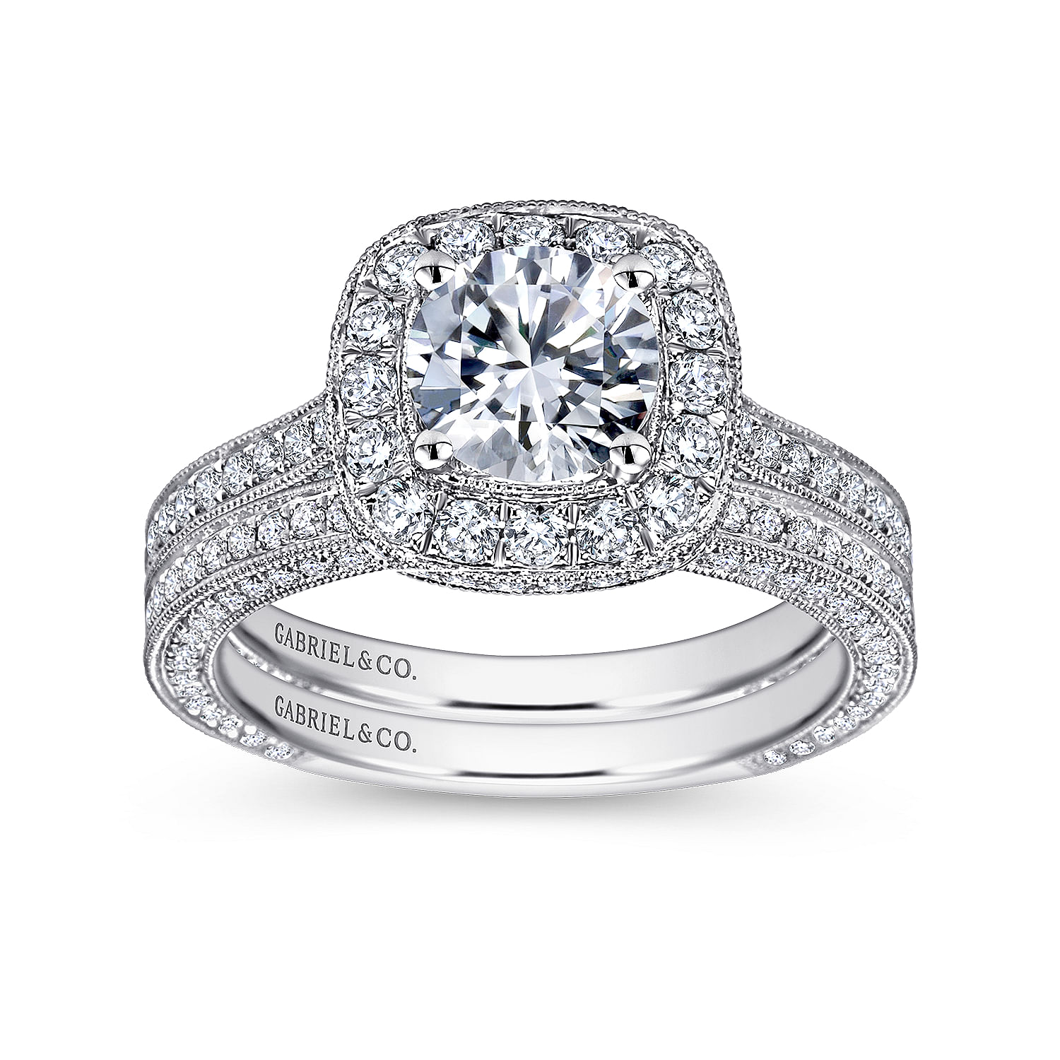 14k White Gold Diamond Pave Halo Milgrain and Channel Set Engagement Ring angle 4 14k White Gold Diamond Pave Halo Milgrain and Channel Set Engagement Ring angle 4